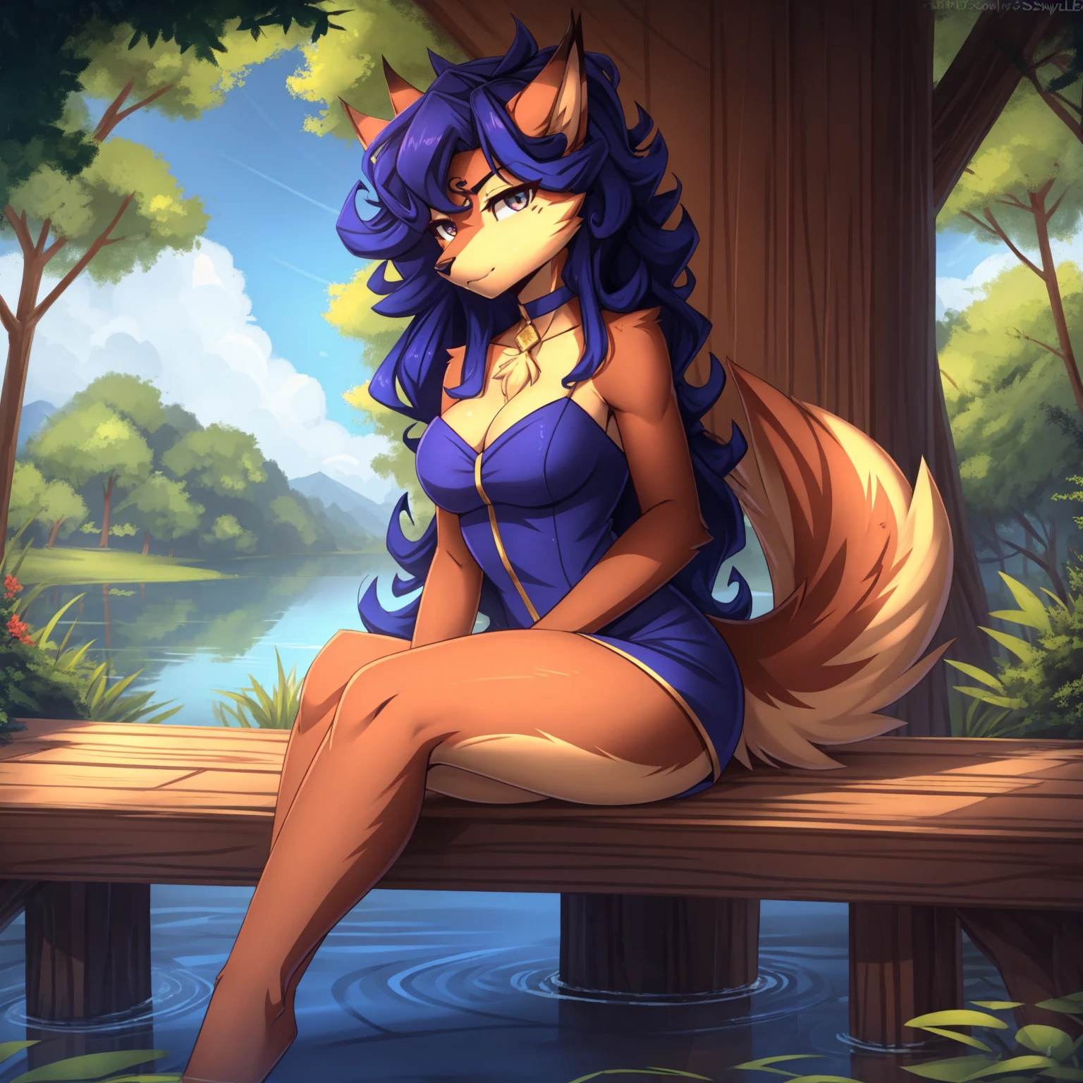 By zinfyuu on pixiv,by twistedscarlet60, uploaded on pixiv, by fluff-kevlar, (masterpiece), (best quality), (anthro furry:1.3, snout:1.2, anthro:1.3, furry:1.2, solo female:1.2), (extremely detailed:1.3), (blue_detailed_eye), wearing white dress, sfw, forest, sitting, lake, nature beauty, view on viewer, carmelita