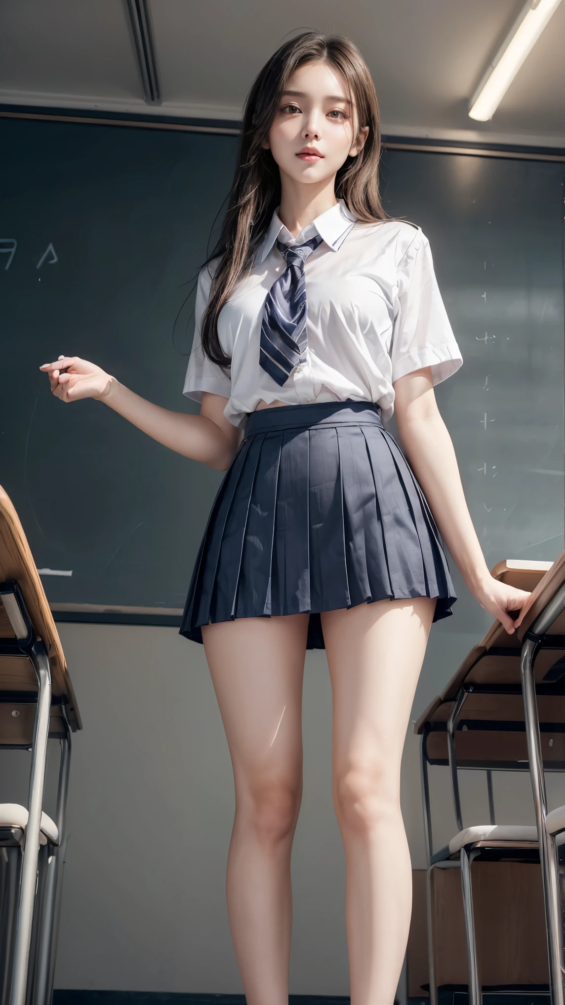 best quality, masterpiece, A high resolution, 8K, (realisticlying：1.4), 1girll, ultra - detailed, hyper realistic, cinematic light, Realistic, Young and beautiful girl, perfect body figure, ((A faint smile)), Perfect body, sexy poses, saturated, (Bob, Semi-Long Hair: 1.2), ((A dark-haired, tiny, skiny, Small hips, beauty leg, skinny legs)), (full body:1.8)，looking at viewer, K-pop Idol, Beautiful Sexy, ((School Uniform)), ((Short sleeve uniform white shirt)), (Mini pleated skirt in blue), S-shaped body, Upturned buttocks, Pose, white thighs, gorgeous thighs, (((from below:1.3))), nsfw, classroom,