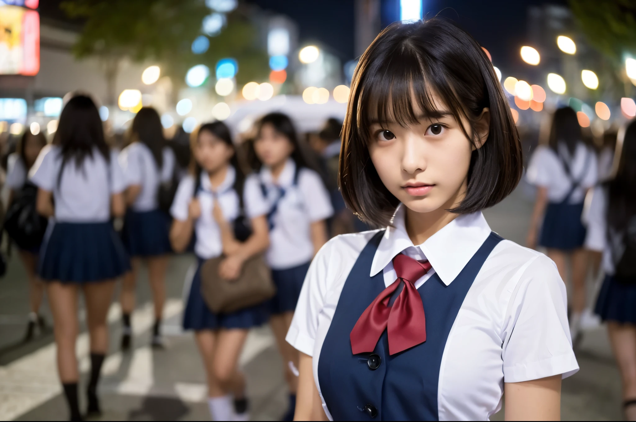 (Uniform without sleeves:1.3) high school girl White cotton shirt Big Breasts Very detailed super high quality super high quality Surreal photograph 3 Japanese girls (Each girl has a different hairstyle randomly、A different face:1.3) Fair skin ((Half-open lips:1.3)) Beautiful and soft skin ((Beautifully styled straight short hair)) Beautiful and perfect body very cute Beautiful young man with clear skin々New Skins 16 years oldを着たhigh school girl) Big Breasts whole body Everyday City Busy city ((night)) audience'perspective Front view (Big Breasts:1.3) (Cleavage) (Amazingly cute girl:1.3) (whole bodyポートレート)