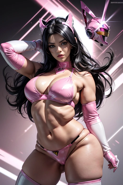 Tabletop, Super Detail, highest quality, High resolution, , ((Anatomically correct)), Power Ranger, ((One Girl)), (alone),Black Hair, Full-face helmet with no exposed face, (Pink micro bikini),Long gloves and boots are white, (Very shiny helmet), kick, Action pose, Combat pose, Huge breasts,Big Ass