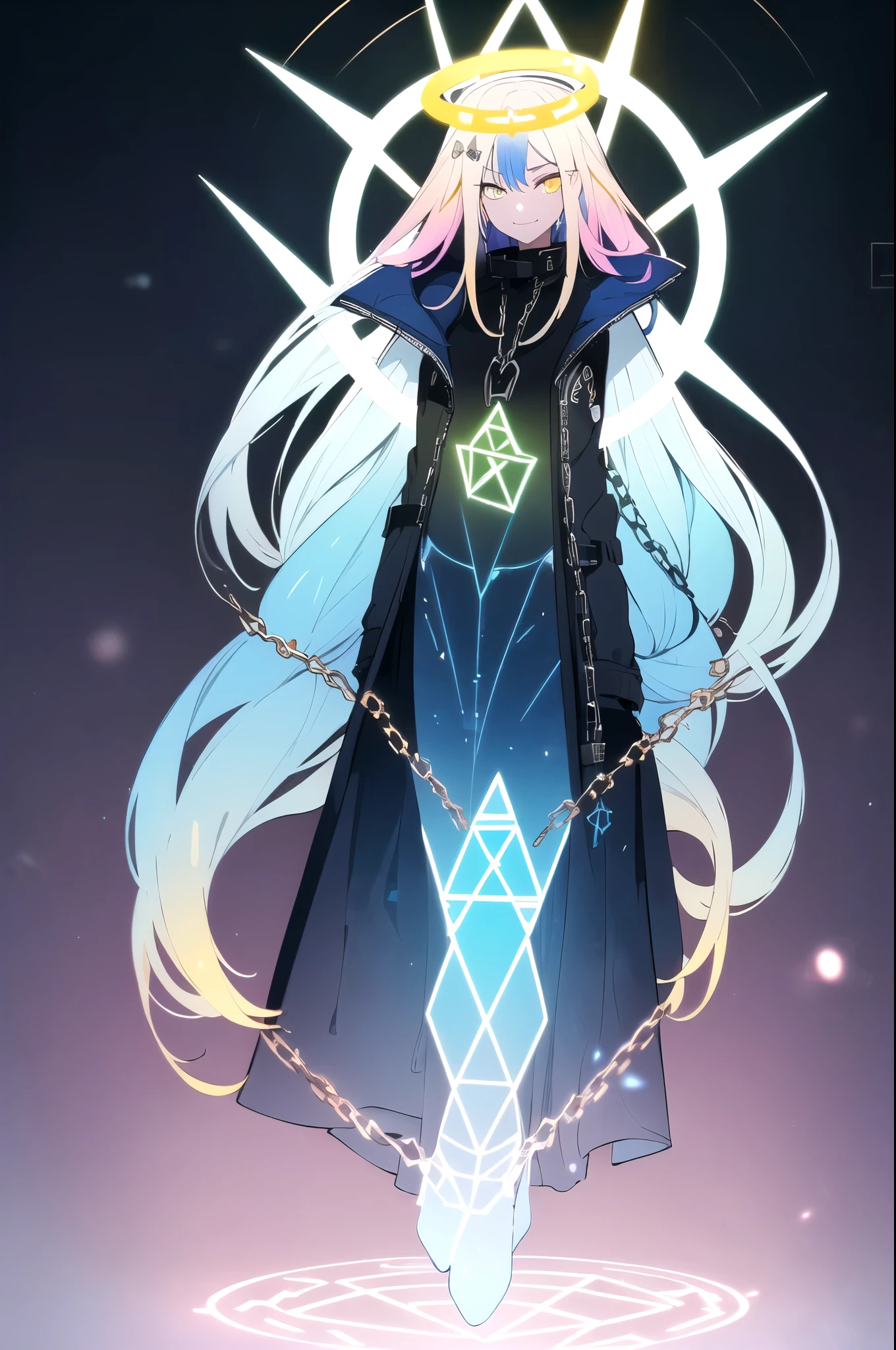 (blonde hair, long hair, sidelocks), (eyes with a mix of yellow and blue irises:1.5), two-tone eyes, multicolored eyes gradient eyes, white and blue jacket with constellation prints, (best quality,4k,8k,highres,masterpiece:1.2), ultra-detailed, portraits, (HDR:1.1), (vivid colors:1.1), (studio lighting), (bokeh), (highly saturated colors), (soft lighting), (detailed background), (subtle shadows), (ethereal glow), (pastel color palette), (delicate details), (sublime beauty), (feminine charm), (crisp focus), (fine brushwork), (impeccable craftsmanship), (emotional depth), (captivating storytelling), (intriguing narrative), (impressive realism), (exceptional artistry), (masterpiece-worthy), (awe-inspiring), blonde hair, very long hair, sidelocks, (eyes with a mix of yellow and blue irises:1.5), (two-tone eyes:1.5), (multicolored irises:1.5), multicolored eyes (gradient eyes:1.5), white and blue jacket with constellation prints, metallic skirt, (smug:1.5), (smirk), naughty face, mischievous, futuristic clothing, science fiction setting, high-tech, glowing eyes, (unicursal hexagram-shaped irises), (full body:1.5), (chains:1.5), (holographic halo:1.5), (unicursal hexagram halo:1.5)