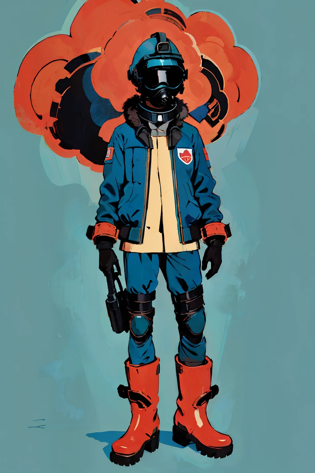 full body image, (ultra detailed,ultra high res,detailed background),((2D)),((flat color)),((muted color)), 1solo, looking at viewer, baggy flight suit, large fur collared bomber jacket, (big red galoshes), plush collar, full body image, square helmet, ((smokey blue background)), ((apocalyptic city)), entire body in frame, 