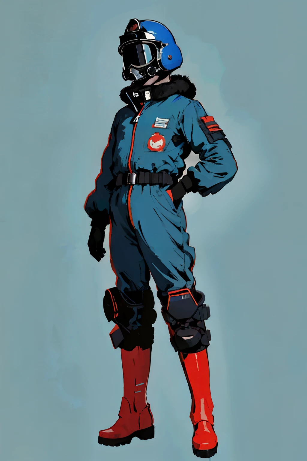 full body image, (ultra detailed,ultra high res,detailed background),((2D)),((flat color)),((muted color)), 1solo, looking at viewer, baggy flight suit, large fur collared bomber jacket, (big red galoshes), plush collar, full body image, square helmet, ((smokey blue background)), ((apocalyptic city)), entire body in frame, 