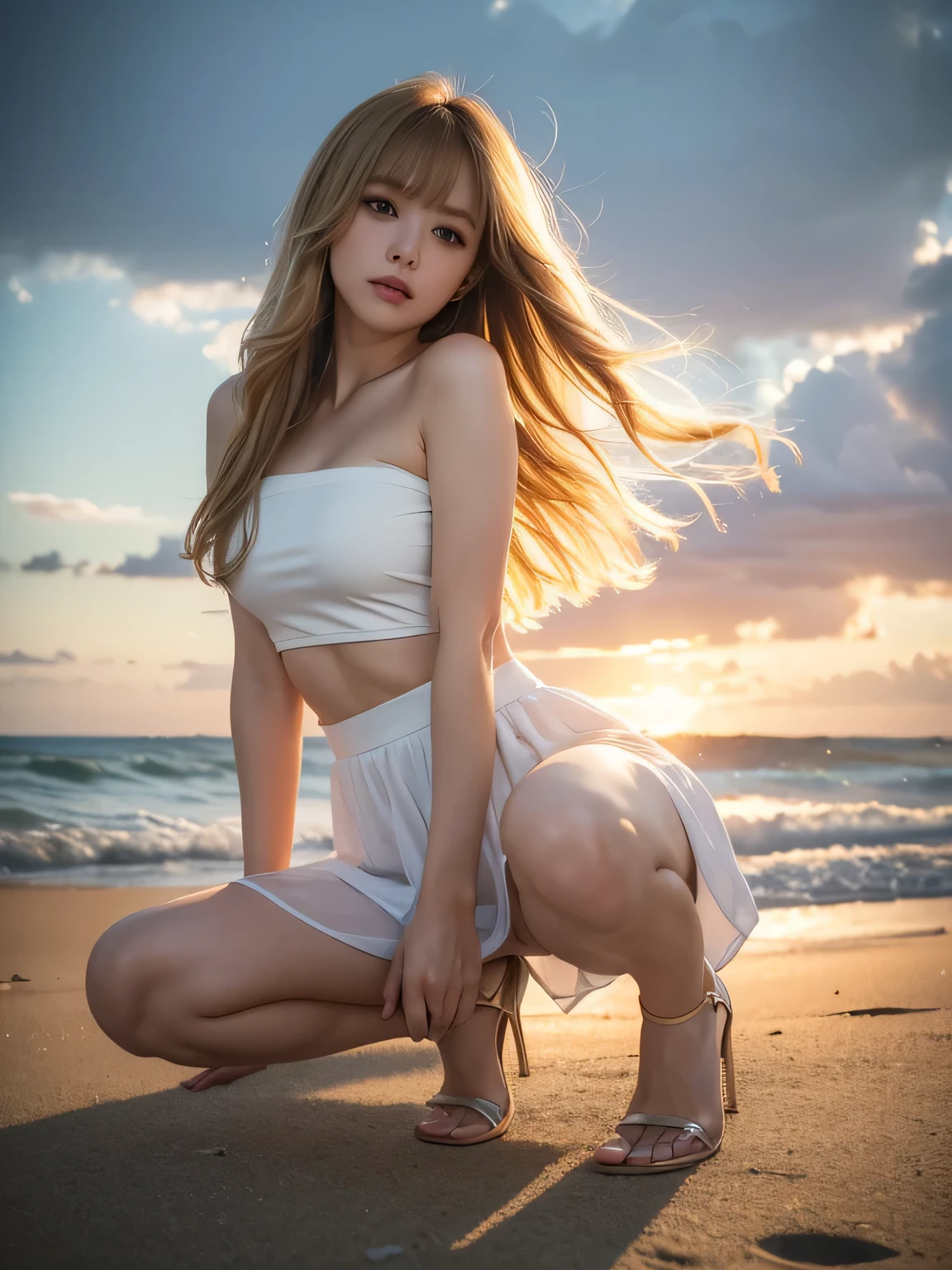 8K, Photographic images, masterpiece, 最high quality, Super-resolution,Low angle image, Beauty with golden curly hair, ((BlondeBeauty)), With bangs, Impossibly cute face, And slim, Small breasts, high quality, T Masterpiece, Exquisite Function, Delicate eye, delicate golden hair, 8K quality, Pale light and shadow, Dindal effect, disheveled golden hair, With bangs,(logo、masterpiece、8k、Tabletop、RAW Photos、wonderful、最high quality、Photorealistic and very detailed CG synthesis 8k wallpaper、high quality、Very detailed、Narrative poem、Particle Effects、Dynamic Effects、Written boundary depth、Cinematic Light、Lens flare、Ray Tracing)、Fantasy、Angle from below the front、Full body images、 (One beautiful woman、Strong Wind、The skirt flips up in the wind、T-Shirts、Light skirt、The body lines are perfectly visible、Tube top、Crop top、High heels、Blonde、Beautiful Face、True Face、Beautiful details、eye、Beautiful Skin、Ultimate Body、glamorouy skirt flutters in the wind、Hair flutters in Wind、Hair bounces、Seaside、Wonderful views、Coastal、sunrise、Sun in the background、Wind、Beach