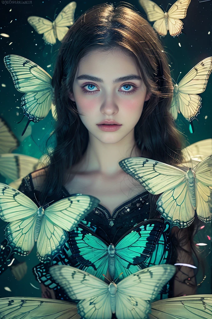 ( masterpiece, top quality, best quality,8k,17 years old girl,ultra detailed,raw photo:1.5),(photorealistic:1.4),(cinematic lighting), PerfectNwsjMajic, , Surrealism, UHD, ccurate, Super detail, textured skin, High detail, Best quality, dynamic angle, (high nose,White skin),[Beautiful blue eyes],[flat chest:large breasts:0.5],(1girl),(good anatomy:0.5)),with white butterfly wings and fluffy butterfly eyes and characters around flying in a chaotic universe and neon lights, Dreamy atmosphere,mystical ambiance, Artistic interpretation, a whimsical illustration, Subtle colors and tones, mystical aura,(portrait:1.5)