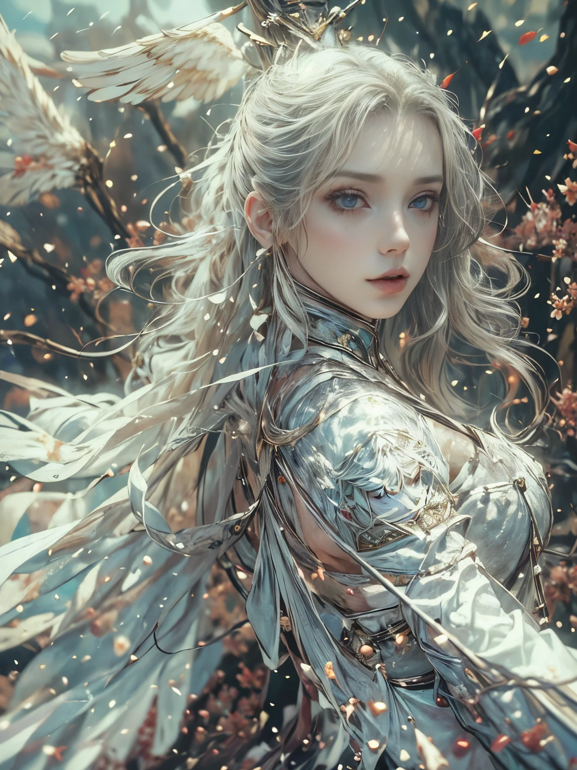 ((((masterpiece, Best Quality, High resolution)))), extremely detailed 8K, {(1 girl:1.6), sexy Beautiful 17 years old girl with slim body, holly Angel (knight:1.8):1.6}, (Ultra HD, Ultra-detailed, Highly detailed, Highly realistic, Ultra-realistic, photos realistic), {deep depth of field, (god ray:1.2), (bounced front lighting:1.1), (soft diffused lighting:1.6) }, (1girl:1.5), white long hair, (dynamic sexy poses), (very delicate and natural hair:1.3), facing at camera, light smile, (big firm bouncing breasts: 1.6), (very delicate and natural face, very delicate and natural eyes:1.3),(very delicate and natural clothes:1.2),(crystal blue eyes:1.2),(shinning halo:1.4), {(deep scarlet color armor:1.3), breasts part of the armor widely open:1.4}, (Angel's wing on her back:1.8), {white roses, (heaven's garden:1.2), (flower storm:1.3)}