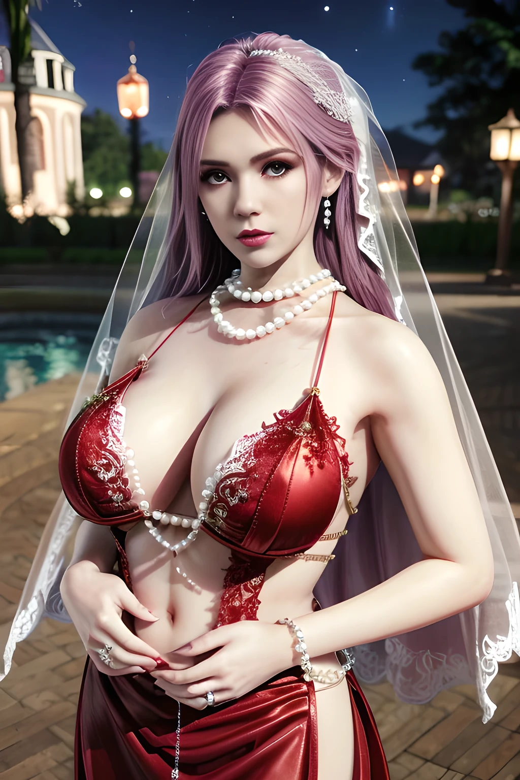 1 girl,lean over ,(Wearing Wedding Dress:1.2) ,(Wearing Jewel:1.2) ,( red lace_dress:1.3),(Fluffs ),(pearl bodychain:1.3),outdoor,elegant,nighttime,moonlighe,shiny skin,( huge breasts), lip gloss,tattoos, masterpiece, best quality, realistic ,Surrealism,natural colors art in 8k,soft shadows,Portrait art,solo, elise,