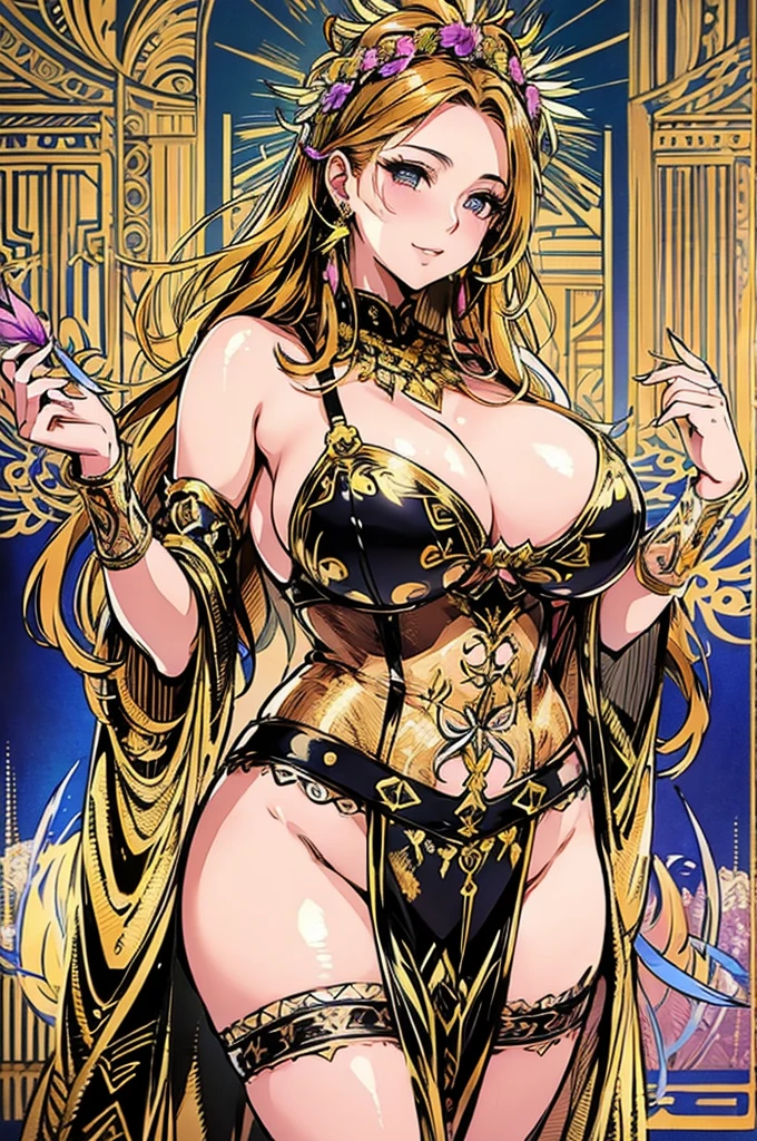 Big Breastsの女性, Blonde, colored feather, metal ornaments, colored Flowers, particle, Light, (masterpiece, 最high quality, 最high quality, Official Art, Beautiful and aesthetic:1.2), (1 girl:1.3), Very detailed,(Fractal Art:1.1),(colorful:1.1)(Flowers:1.3),Most detailed,(Dynamic pose), (Abstract background:1.3), (Shiny skin), (Many colors :1.4), ,(Earrings:1.4), (feather:1.4),masterpiece, 最high quality, 30~40 years, Full Body Shot, Mature Woman, 美しい Mature Woman,Captivating smile, Thick lips, Plumpとした唇, blush, Looking at the audience, Provocative expression, Cleavage, Plump、Curvy Hips、Attractive face、Mischievous face、An inviting gaze、Expressing emotions,Standing position、Gorgeous accessories and various hairstyles,Gold headband,Ample breasts,Uneven buttocks,Greek clothing,Tulle covers the chest,Perfect balance, Detailed clothing details,Temple,marble,Statue of God,cinematic Lighting, Film Grain, contrast of Light and dark, 8k, masterpiece, Very detailed, Attention to detail, high quality, High resolution, masterpiece, 最high quality, Very detailed, Big Breasts, Are standing, Cowboy Shot, Looking at the audience, Outdoor, blush, 1 girl, (masterpiece:1.3), (High resolution), (8k), (Very detailed), Perfect Face, Beautiful eyes and face, (((最high quality))), (Very detailed), Detailed face and eyes, (alone), High resolution、Beautiful eyes,(((Sexy pose)))、(((Full body depiction)))
