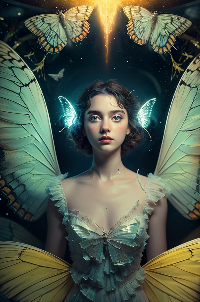 ( masterpiece, top quality, best quality,8k,17 years old girl,ultra detailed,raw photo:1.5),(photorealistic:1.4),(cinematic lighting), PerfectNwsjMajic, , Surrealism, UHD, ccurate, Super detail, textured skin, High detail, Best quality, dynamic angle, (high nose,White skin),[Beautiful blue eyes],[flat chest:large breasts:0.5],(1girl),(good anatomy:0.5)),with white butterfly wings and fluffy butterfly eyes and characters around flying in a chaotic universe and neon lights, Dreamy atmosphere,mystical ambiance, Artistic interpretation, a whimsical illustration, Subtle colors and tones, mystical aura,(portrait:1.5)