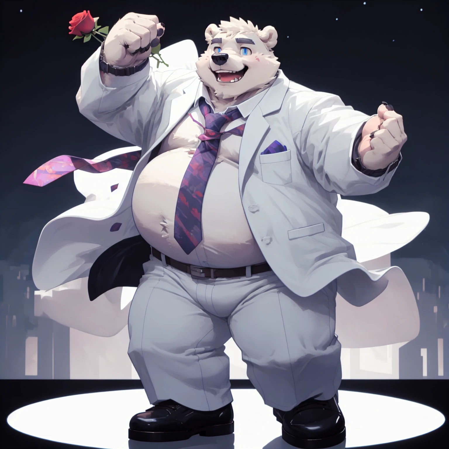 New Jersey 5 Furry,polar bear，portrait,Unique，Exquisite， Chubby，Fat，Thick arms，Rugged muscles，White plush fur，Chubby脸，Black eyebrows，Sky blue eyes，Beard，White suit，Pants，leather shoes，tie，Evening dance，Rose，Unique跳舞，dynamic，Happy