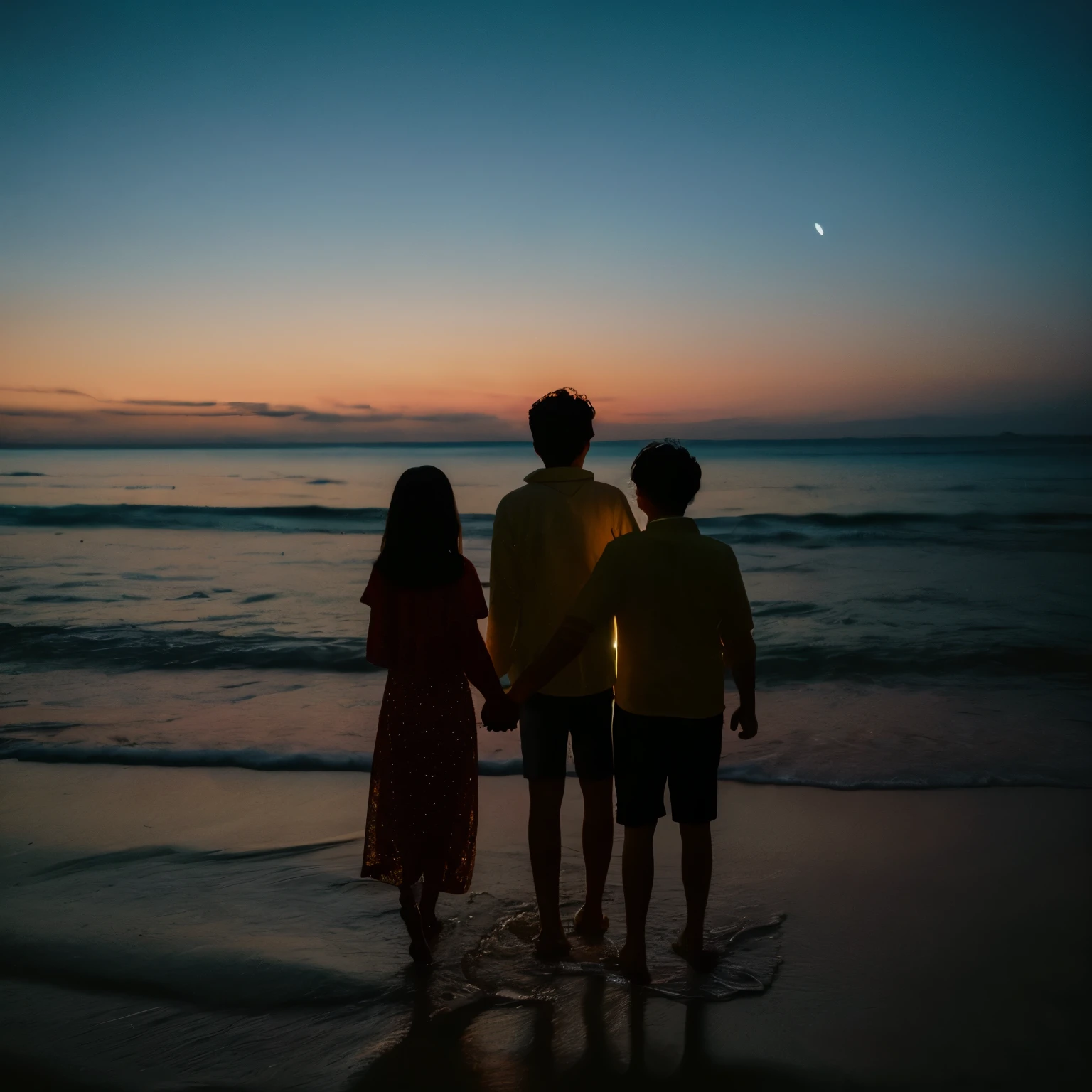 Mother and  holding hands back view beach night