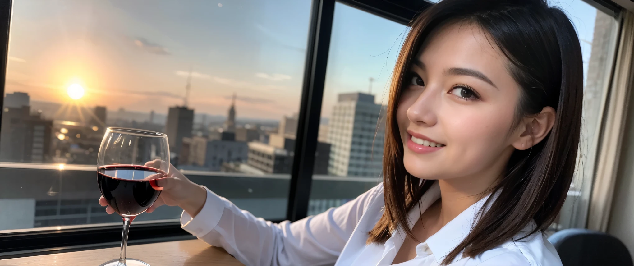 ((highest quality、8k、masterpiece:1.3))、Sharp focus:1.2、Beautiful woman perfect body:1.4、slimなボディ、((Bob Hale、Straight hair:1.2))、(to be born, highest quality, masterpiece:1.5), (Realistic, Intricate details:1.2), Ultra-high resolution, Please shine a light on my face、Amazing view of the sunset sky and clouds、Amazing mountain views、ニコニコ明るいsmile、wine glass、red wine 、Appetizers、Italian food、Wine bottle、Champagne、sparkling wine、, Beautiful Face, blue eyes, The light shines on your face, Blushing, short hair,Bright Face、Fox face、 (36 years old), 39 years old, Lady、Two beauties、Brown Hair、Shortcuts、Long sleeve shirt、dress、Pretty Woman 1, (slimな顔), (The body is slim), (Brown Hair), (Shortcuts), cheeks turn a little red,Attractive beauty、, Out of the window, A beautiful and detailed night view unfolds.........., restaurant, In a prominent place (From the waist up) Nova Frog Style, actress, model, Upper Body, White wine, slim, wine glass, 真ん中に置かれたwine glass, smile, (smile: 1.15), Beautiful fine grain, Depth f/2,saturation, High Contrast, Strong light and shadow,Moist Body:1.5、3D texture、Delicate eyes、Brown Hair、The hair is very shiny、