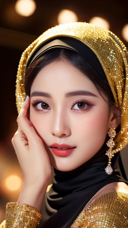 Create a gorgeous hijab girl in an extra ordinary scene of gala dinner, give more attention on detail of face and hijab and finger, real skin texture, ultra sharp image, super fine art,