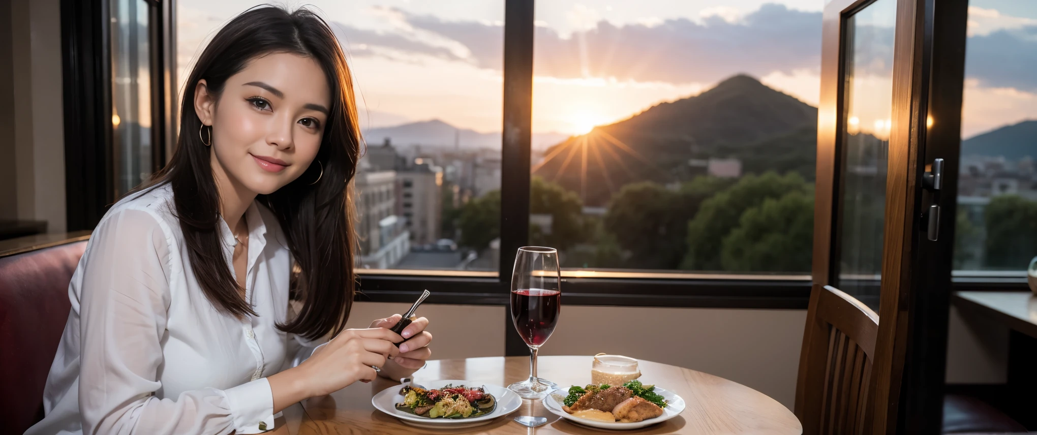 ((highest quality、8k、masterpiece:1.3))、Sharp focus:1.2、Beautiful woman perfect body:1.4、slimなボディ、((Bob Hale、Straight hair:1.2))、(to be born, highest quality, masterpiece:1.5), (Realistic, Intricate details:1.2), Ultra-high resolution, Please shine a light on my face、Amazing view of the sunset sky and clouds、Amazing mountain views、ニコニコ明るいsmile、wine glass、red wine 、Appetizers、Italian food、Wine bottle、Champagne、sparkling wine、, Beautiful Face, blue eyes, The light shines on your face, Blushing, short hair,Bright Face、Fox face、 (36 years old), 39 years old, Lady、Two beauties、Brown Hair、Shortcuts、Long sleeve shirt、dress、Pretty Woman 1, (slimな顔), (The body is slim), (Brown Hair), (Shortcuts), cheeks turn a little red,Attractive beauty、, Out of the window, A beautiful and detailed night view unfolds.........., restaurant, In a prominent place (From the waist up) Nova Frog Style, actress, model, Upper Body, White wine, slim, wine glass, 真ん中に置かれたwine glass, smile, (smile: 1.15), Beautiful fine grain, Depth f/2,saturation, High Contrast, Strong light and shadow,Moist Body:1.5、3D texture、Delicate eyes、Brown Hair、The hair is very shiny、