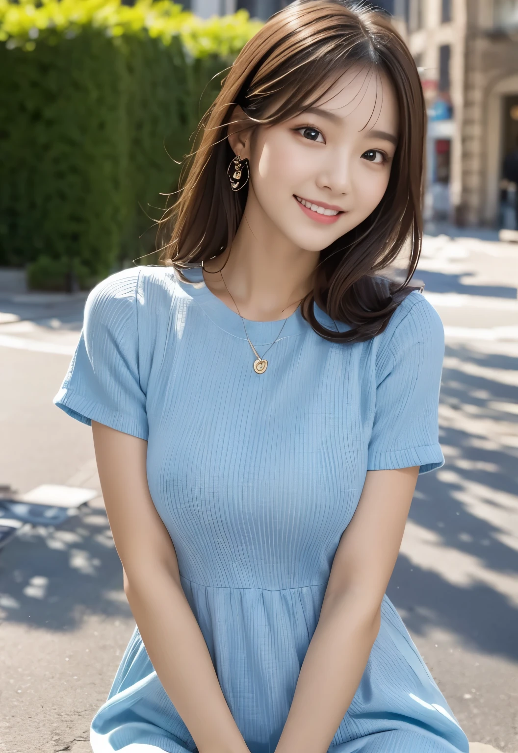 masterpiece, best quality:1.1), (8k, raw photo, photo realistic:1.2, f22), (shiny skin), detailed skin,long hair,detailed face, detailed eyes,smile,BREAK, real world, intricate details, smil, BREAK, 1girl, full body,(orange,short sleeves,dress, stripe pattern),BREAK, (city:1.4), BREAK