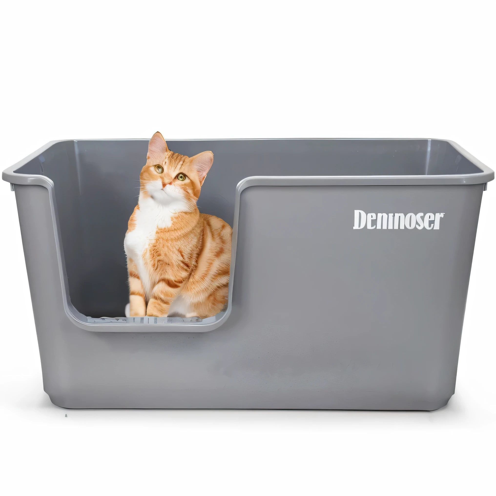 There is a cat sitting in a gray litter box，There is a sign on the cat litter box, High-quality images, official product photo, Denoisingd, High-quality images, Domestic, Denoising, Official product images, Product introduction photos, High quality details, product photo, high quality product photo, Luxury, There&#39;s a full bedpan next to him, On a clear background