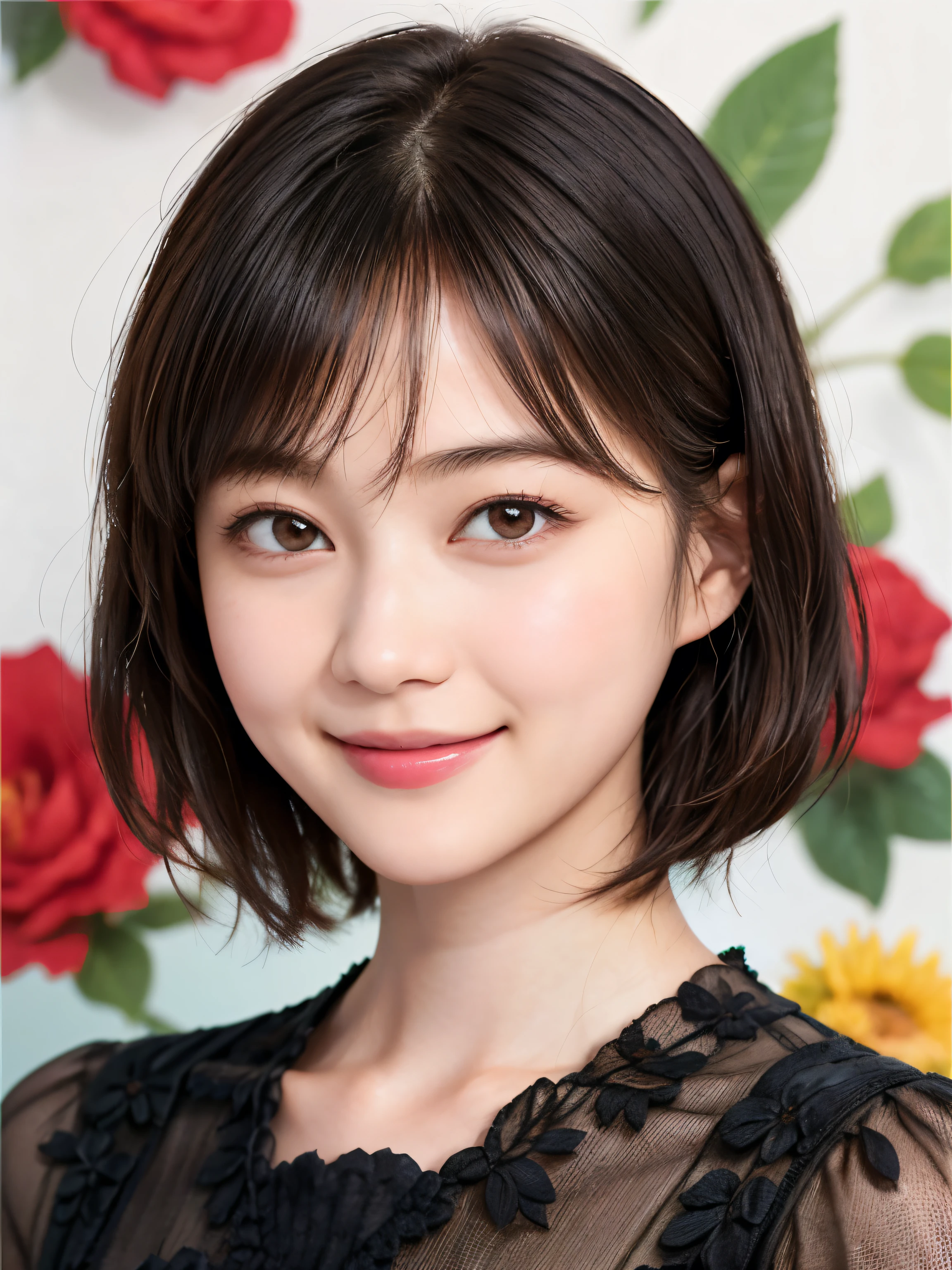 215 short hair, 20-year-old female, Friendly smile, Floral