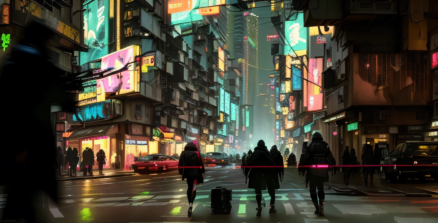 people walking on a city street at night with a street light, cyberpunk in a cyberpunk city, in cyberpunk city, busy cyberpunk metropolis, futuristic city street, in a cyberpunk setting, bladerunner street, cyberpunk city street, cyberpunk street, in a cyberpunk city, cyberpunk metropolis, futuristic street, kowloon cyberpunk, like a scene from blade runner, dirty cyberpunk city
