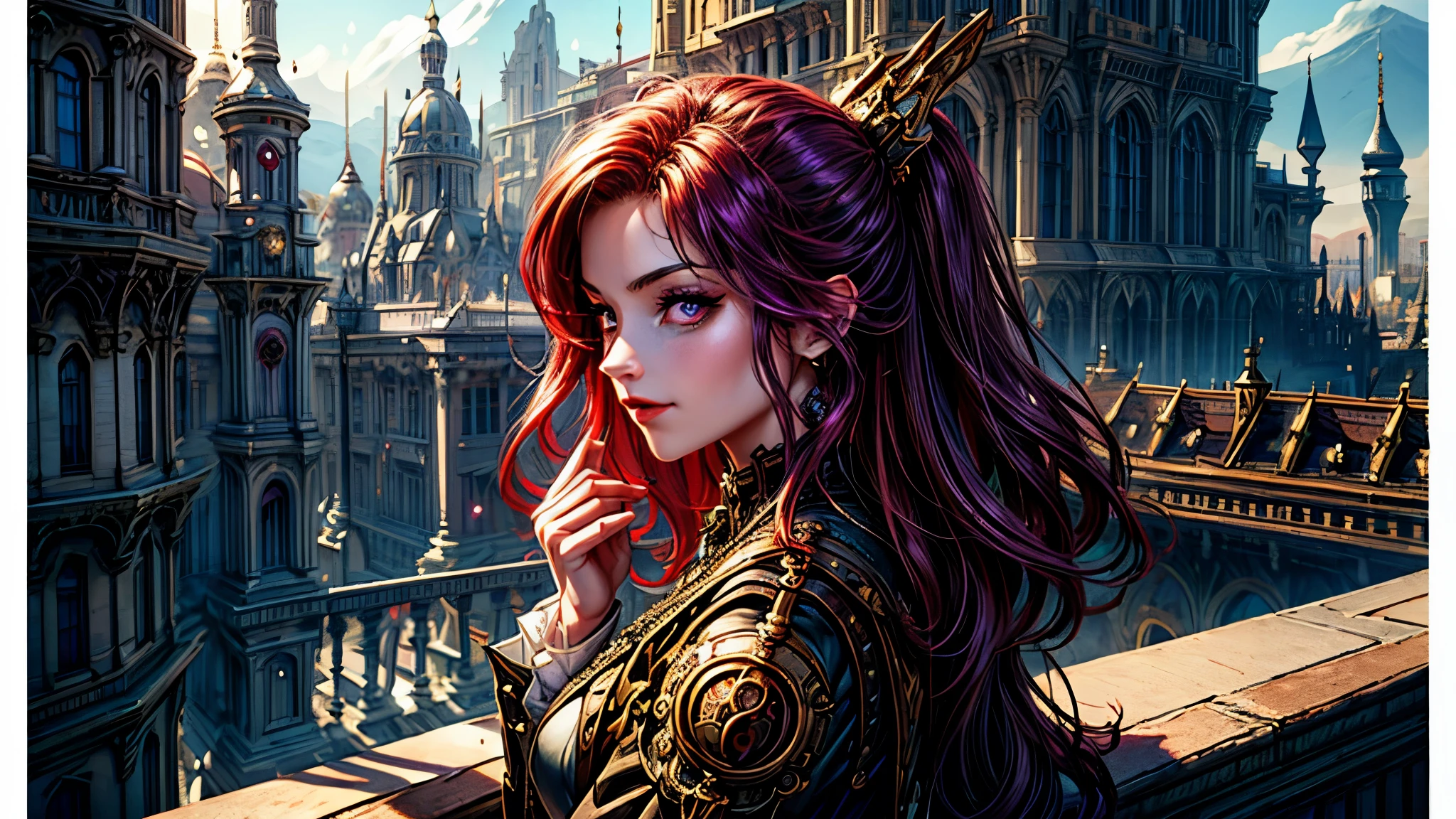 The scene is set in a girl on the balcony of a steampunk palace with steampunk zeppelins flying around, Ultra Resolution, Ultra detail, ((top-quality)), ((​masterpiece)), (detailed), red_hair, imperial_steampunk_suit, looking_up, upper_body, hair_strand, tanned_skin, long_hair, fantasy_spear, arrogant_smile, steampunk_palace, purple_sparkle_eyes, royalty, high_resolution, steampunk fantasy style, steampunk_girl, detailes_face
