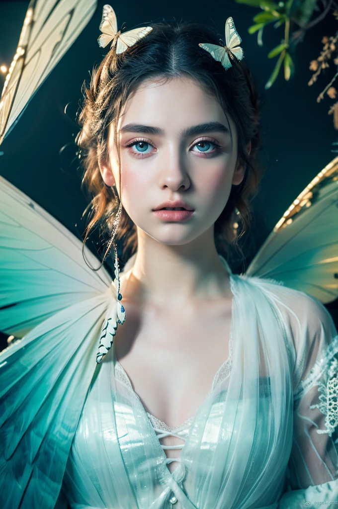 ( masterpiece, top quality, best quality,8k,17 years old girl,ultra detailed,raw photo:1.5),(photorealistic:1.4),(cinematic lighting), PerfectNwsjMajic, , Surrealism, UHD, ccurate, Super detail, textured skin, High detail, Best quality, dynamic angle, (high nose,White skin),[Beautiful blue eyes],[flat chest:large breasts:0.5],(1girl),(good anatomy:0.5)),with white butterfly wings and fluffy butterfly eyes and characters around flying in a chaotic universe and neon lights, Dreamy atmosphere,mystical aura