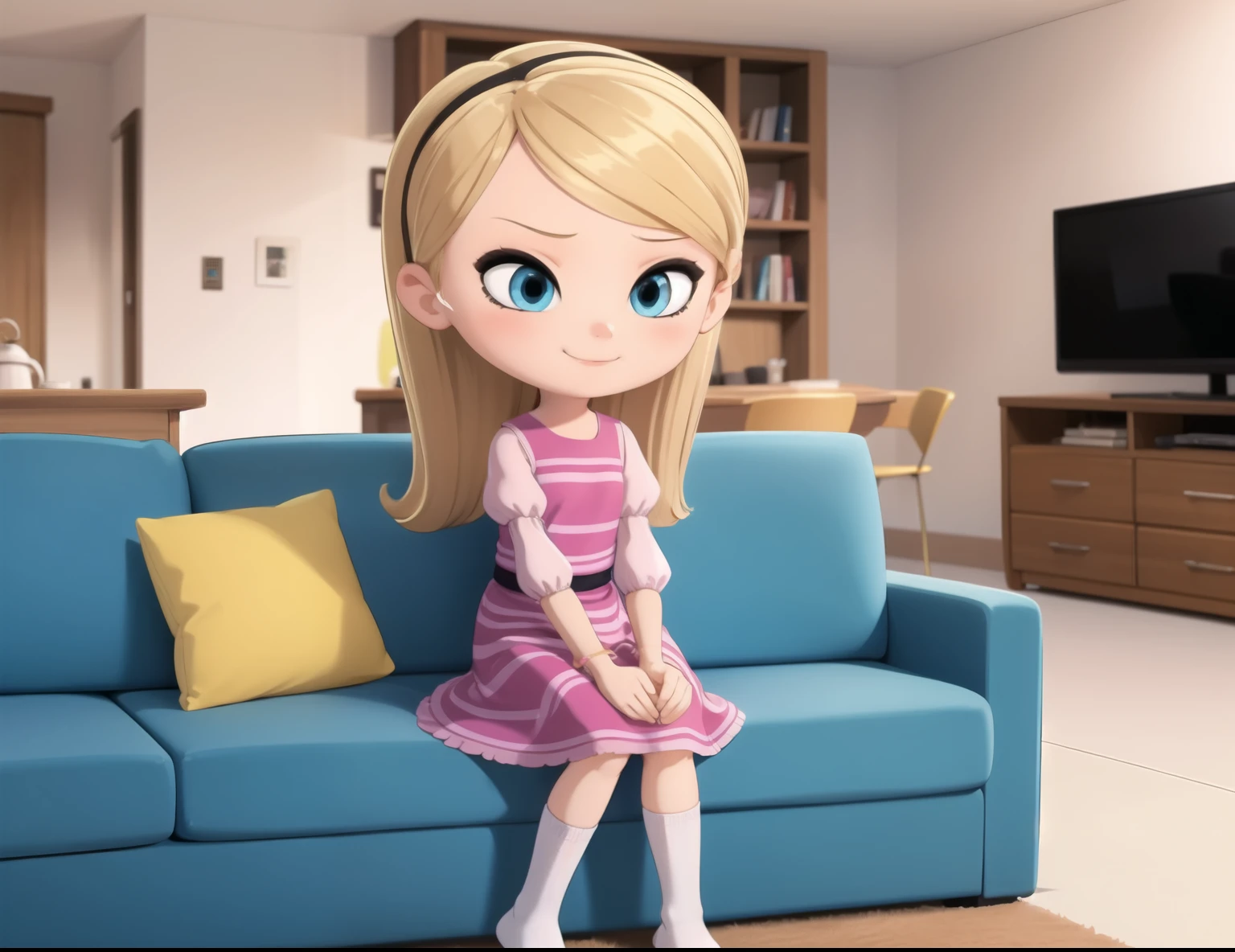 1girl, blonde hair, long hair, cyan ribbon, ponytail, nine years old, blue eyes, ((pink dress)), puffy sleeves, white tube socks, no shoes, smug, sitting, leaning forward, indoors, couch,