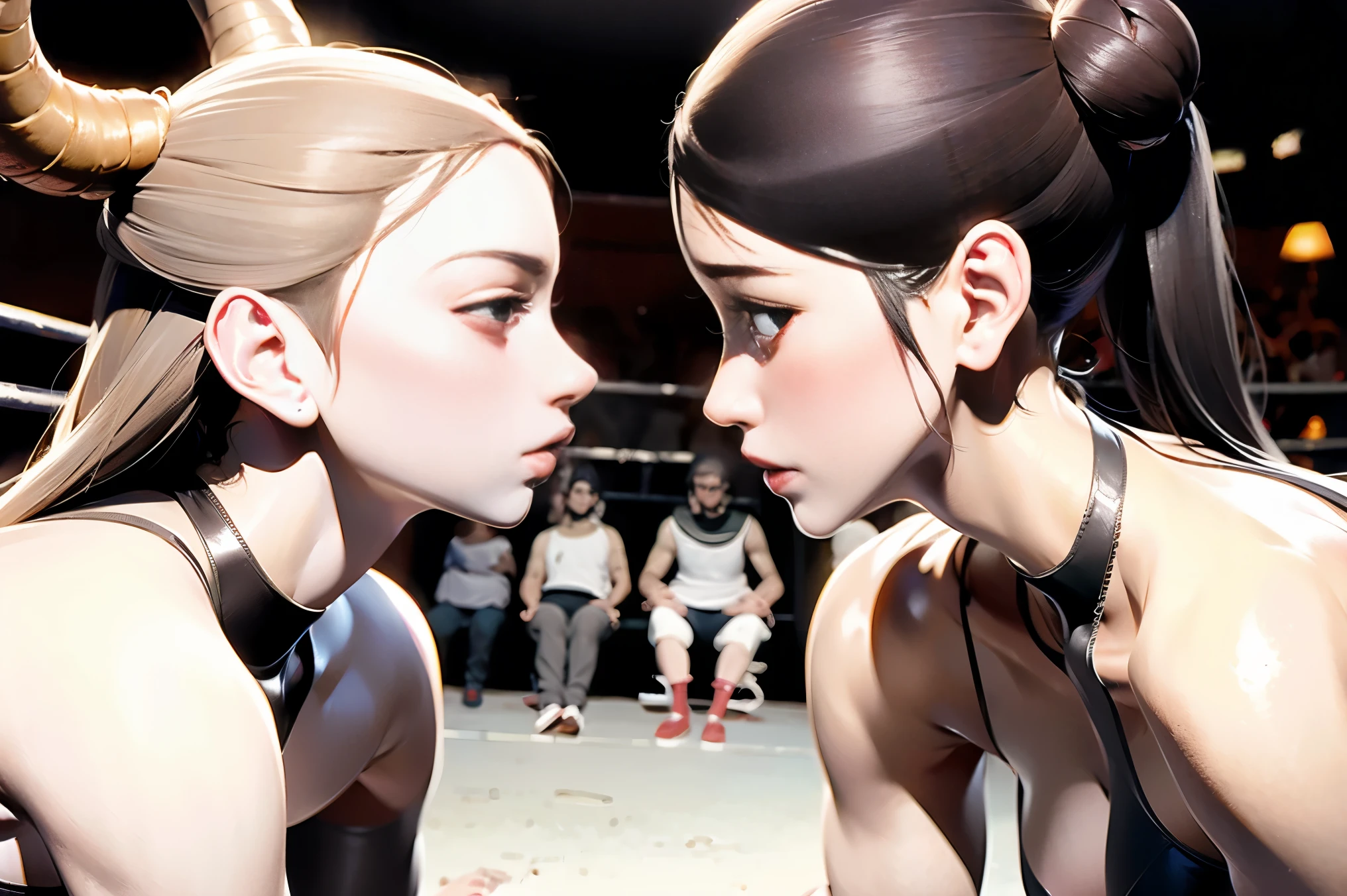 Boxing Match of between demongirls，close-up，face to face，horns，side view