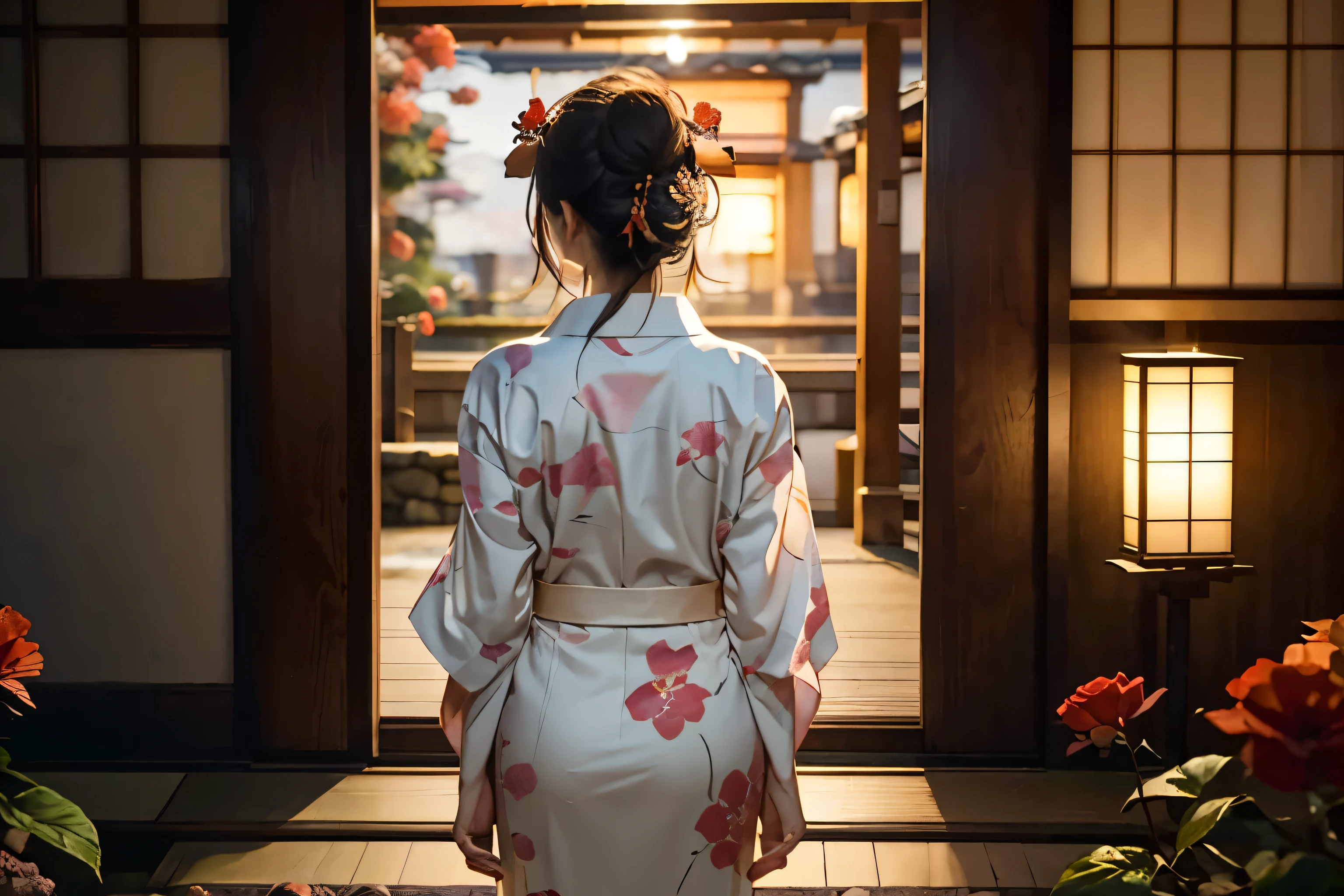 Woman in Kimono
Back View
Kimono patterned with red flowers
Symmetry
Prayer
High image quality
Bathing in the evening sun
One person
Whole body
Standing
135mm focal length
Blurred background
Japan
Cinematic Lighting