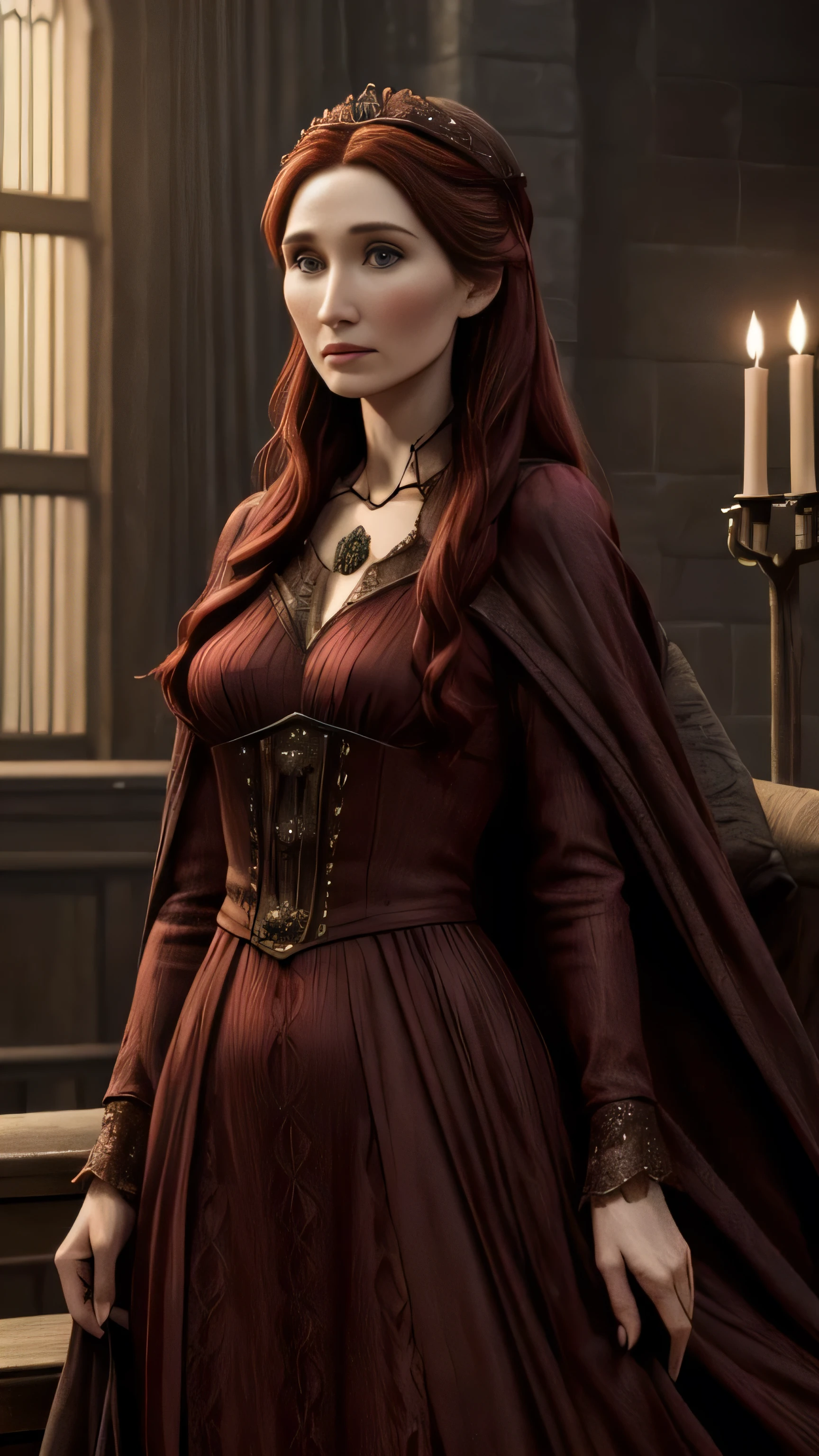 (Carice van Houten) as Melisandre, ruby dress, witch, standing, in the tower, (1woman), (solo), (full body view), beautiful detailed glow, detailed, cinematic light, intricate detail, realistic, highres, detailed facial features, high detail, sharp focus, smooth, aesthetic, extremely detailed, stamp, octane render