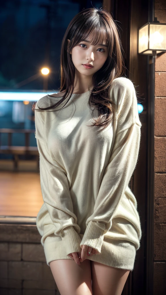 muste piece, best quality, illustration, Super detailed, fine details, High resolution, 8K,wall paper, perfect dynamic composition,(Details High quality, realistic depiction of eyes:1.3), (Fashionable, Oversize Pullover Dress), large breasts, black hair color, bold sexy pose, Big Natural Color Lip, bitch, Harajuku style、20 year old girl、cute type、lolita、beautiful legs, night club, at midnight, Gravure Idol