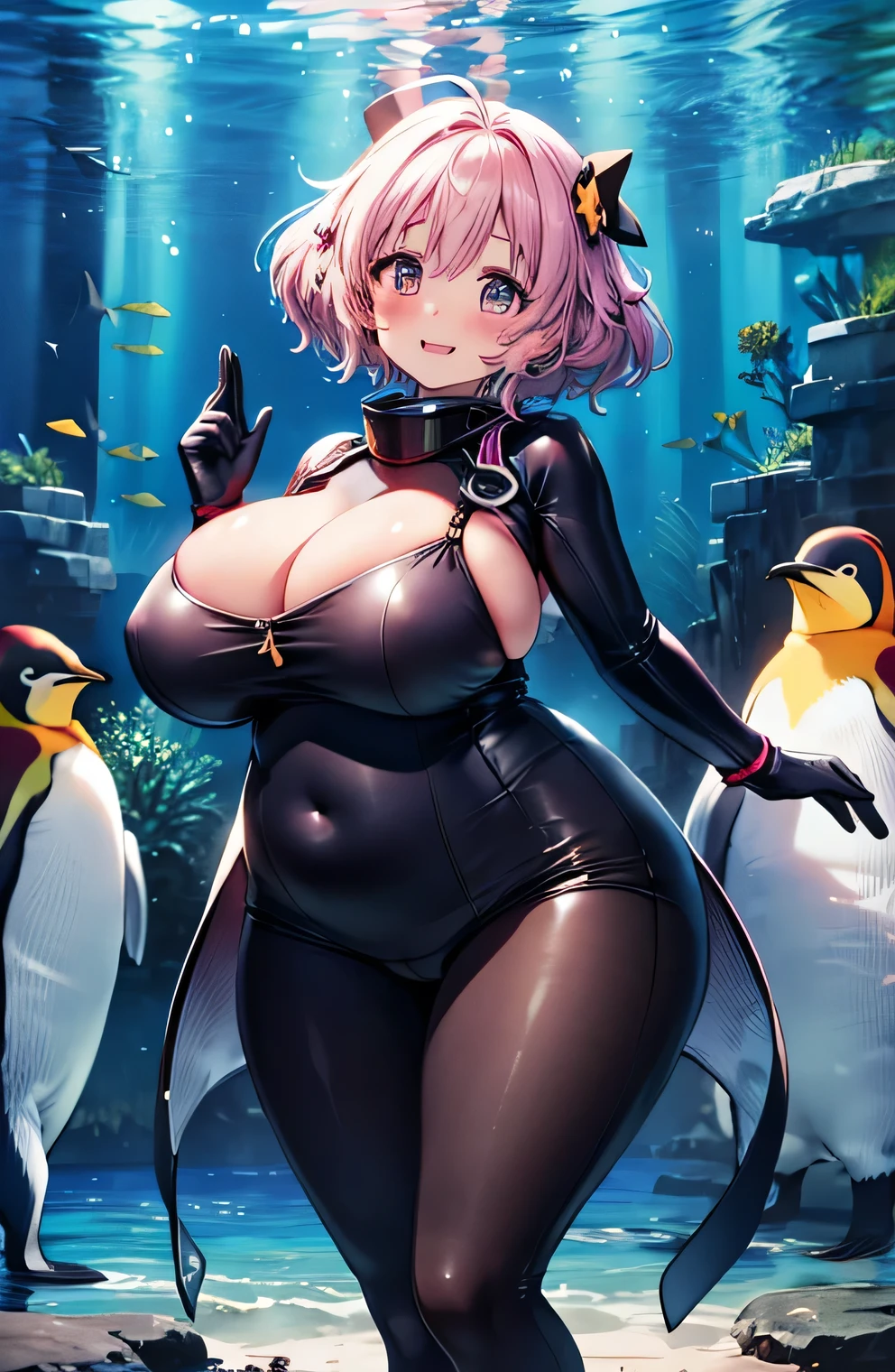 Anime illustration、highest quality、A short and plump idol、Campaign Girl、Emperor penguin costume、Diving Suits、Aquarium、Perfect proportions、overwhelmingly big breasts、Beautiful, shining eyes、Blushed、smile、Cowboy Shot、Thick legs