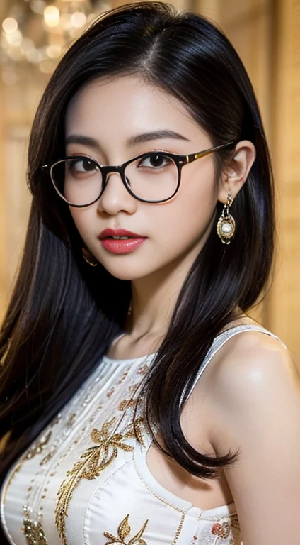 girl xinh: Asia, siêu dễ thương;
age: from 18-20 years old;
hair: copper orange color, smooth, lung linh dưới sunlight, detail;
skin: milk white, rosy and flawless;
eye: jet black, almond shaped, sexy, youthful, trong veo, siêu detail, elegant, charming, sharp makeup, true, attract viewers;
mí eye: delicate, delicate, Perfect Beauty;
eyebrow: cong, dear, high solution;
Face: beautiful, pure, like a fairy, Gentle makeup, lovely, Perfect balance, đẹp đến từng detail;
nose: xinh, lovely, cao;
cheekbone: prominent;
lip: charming, light red lipstick, son bóng lovely;
răng: illustrious, Lily-white;
Charming smile, showing white teeth;
ngực: full, deep slits, toning, khít clothing ngực, pointed nipples;
clothing ngực: Red tươi, gold embroidery, metallic luster, silver mesh;
underwear: Red, metal rim, (((tight chặt)));
Body shape: full, charming, full of youth;
accessory: ruby necklace, bông tai ruby, (wear fashion glasses);
clothing: silk fabric, White, piercing;
dress: tight, piercing, floral embroidery, (extremely thin), ((revealing underwear));
Fashion style: high class female, Modern 2024, luxurious;
Image quality: non-NSFW, 8K CG HD, high solution, Super nice graphics, professional, detail, colourful, ultrafine, advanced techniques, RAW true;
light: luxurious, complex color combinations, black gold rays;
sunlight: twinkle, illuminate the girl's body;
Wallpaper: street, light chói chang.