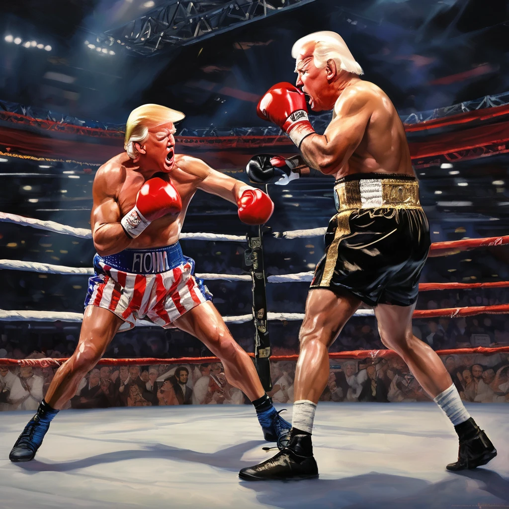 Donald Trump (old but in shape), Joe Biden (spindly, sickly, poopy diapers), boxing match, boxing outfits, intense stare-down, roaring crowd, grand stage, referee in the ring, championship belt, sweat dripping, muscles defined, speed and agility, explosive punches, precision footwork, dramatic lighting, dynamic camera angles, split-second reactions, knockout punches, ringside commentators, anticipation in the air, adrenaline pumping, historic showdown, legacy on the line, epic clash, intense rivalry, determination etched on their faces, resilience and strength, electrifying atmosphere, crowd chanting, triumphant celebration, iconic moment, timeless battle, history in the making, polarizing figures, contrasting personalities, power and ambition, strategic maneuvers, skilled fighters, fierce competition, global audience, legendary status, ultimate test of skill and willpower, (best quality,4k,8k,highres,masterpiece:1.2),ultra-detailed, (realistic,photorealistic,photo-realistic:1.37), boxing painting, vivid colors, dramatic shadows, crisp details, vibrant energy, larger-than-life portrayal, iconic duo, rising tensions, clash of ideologies, symbolic significance.