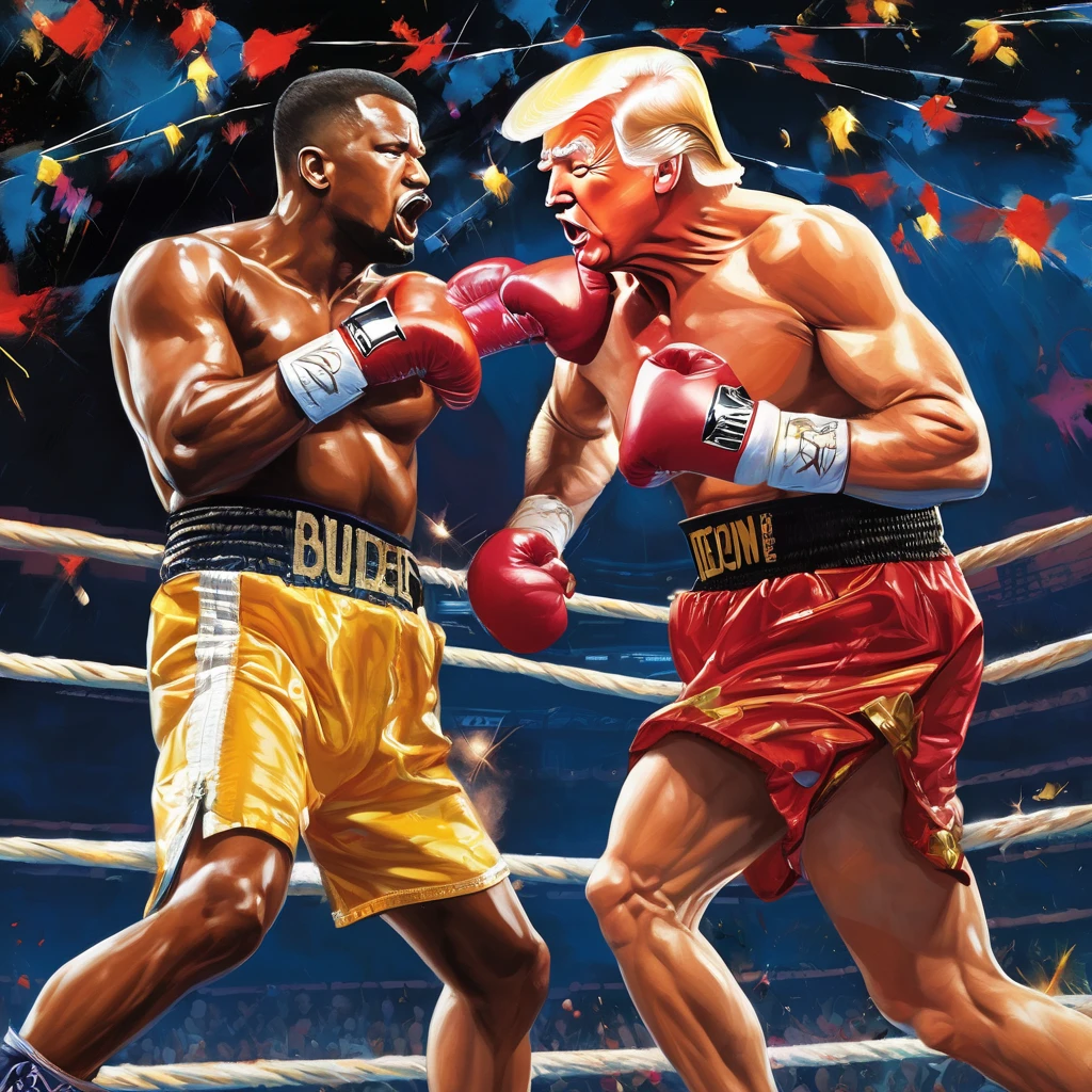 Donald ????? (old but in shape), Joe ????? (spindly, sickly, poopy ???????), boxing match, boxing outfits, intense stare-down, roaring crowd, grand stage, referee in the ring, championship belt, sweat dripping, muscles defined, speed and agility, explosive punches, precision footwork, dramatic lighting, dynamic camera angles, split-second reactions, knockout punches, ringside commentators, anticipation in the air, adrenaline pumping, historic showdown, legacy on the line, epic clash, intense rivalry, determination etched on their faces, resilience and strength, electrifying atmosphere, crowd chanting, triumphant celebration, iconic moment, timeless battle, history in the making, polarizing figures, contrasting personalities, power and ambition, strategic maneuvers, skilled fighters, fierce competition, global audience, legendary status, ultimate test of skill and willpower, (best quality,4k,8k,highres,masterpiece:1.2),ultra-detailed, (realistic,photorealistic,photo-realistic:1.37), boxing painting, vivid colors, dramatic shadows, crisp details, vibrant energy, larger-than-life portrayal, iconic duo, rising tensions, clash of ideologies, symbolic significance.