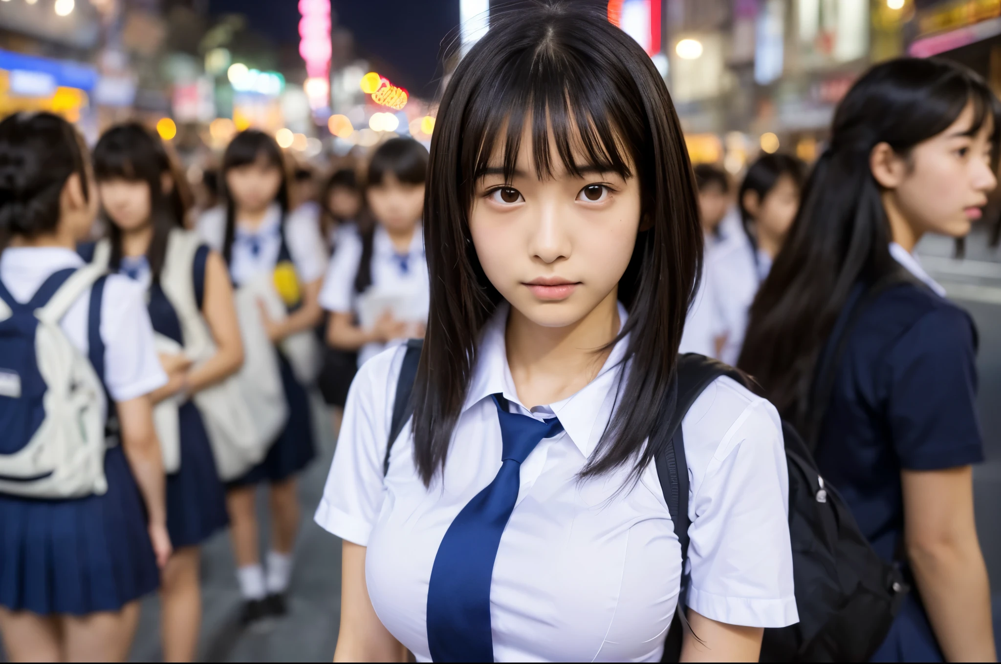(Uniform without sleeves:1.3) high school girl　White cotton shirt　(Big Breasts:1.3) Very detailed　super high quality　super high quality　Surreal　photograph　3 Japanese girls　(Each girl has a different hairstyle randomly、A different face:1.3) 　Fair skin　　((Half-open lips:1.3))　Beautiful and soft skin　((Beautifully styled straight short hair))  Beautiful and perfect body　very cute　Beautiful young man with clear skin々New Skins　16 years oldを着たhigh school girl) Big Breasts　whole body　Everyday City　Busy city　　((night))　audience&#39;perspective　　Front view　　(Big Breasts:1.3)   (Cleavage)　(Amazingly cute girl:1.3)　　(whole bodyポートレート)　