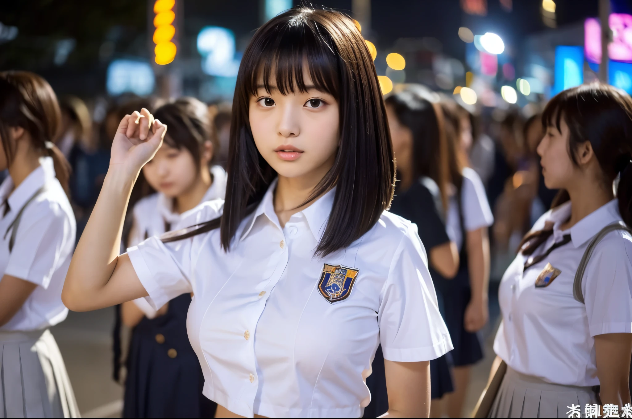 (Uniform without sleeves:1.3) high school girl White cotton shirt (Big Breasts:1.3) Very detailed super high quality super high quality Surreal photograph 3 Japanese girls (Each girl has a different hairstyle randomly、A different face:1.3) Fair skin 16 years old ((Half-open lips:1.3)) Beautiful and soft skin ((Beautifully styled straight short hair)) Beautiful and perfect body very cute Beautiful young man with clear skin々New Skins 16 years old (ノースリーブのシャツを着たhigh school girl) Big Breasts whole body Everyday City Busy city ((night)) audience'perspective Front view (Big Breasts:1.3) (Cleavage) (Amazingly cute girl:1.3) (whole bodyポートレート)
