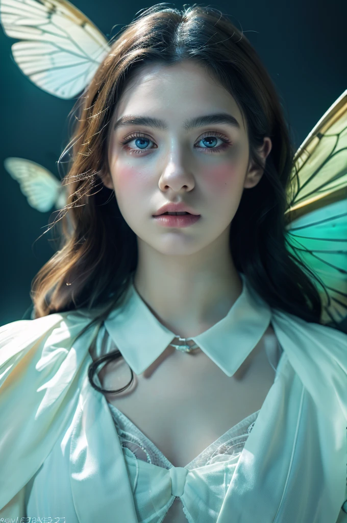 ( masterpiece, top quality, best quality,8k,17 years old girl,ultra detailed,raw photo:1.5),(photorealistic:1.4),(cinematic lighting), PerfectNwsjMajic, , Surrealism, UHD, ccurate, Super detail, textured skin, High detail, Best quality, dynamic angle, (high nose,White skin),[Beautiful blue eyes],[flat chest:large breasts:0.5],(1girl),(good anatomy:0.5)),with white butterfly wings and fluffy butterfly eyes and characters around flying in a chaotic universe and neon lights, Dreamy atmosphere,mystical aura