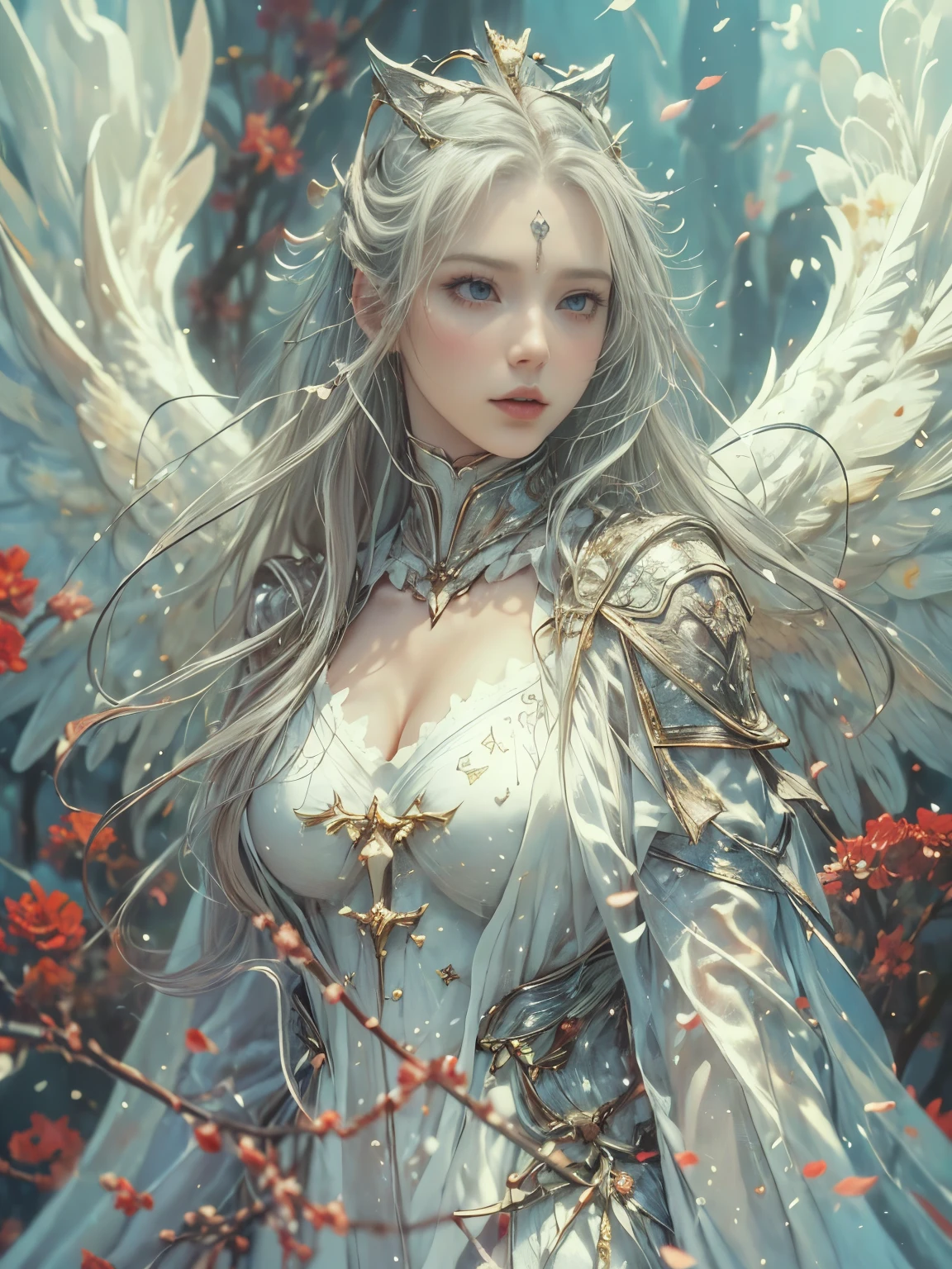 ((((masterpiece, Best Quality, High resolution)))), extremely detailed 8K, {(1 girl:1.6), Beautiful 17 yl with slim body, holly Angel (knight:1.8):1.6}, (Ultra HD, Ultra-detailed, Highly detailed, Highly realistic, Ultra-realistic, photos realistic), {deep depth of field, (god ray:1.2), (bounced front lighting:1.1), (soft diffused lighting:1.6) }, (1girl:1.5), white long hair, (dynamic sexy poses), (veelicate and natural hair:1.3), facing at camera, light smile, (big firm bouncing breasts: 1.6), (very delicate and natural face, very delicate and natural eyes:1.3),(very delicate and natural clothes:1.2),(crystal blue eyes:1.2),(shinning halo:1.4), {(deep scarlet color armor:1.3), breasts part of the armor widely open:1.4}, (Angel's wing on her back:1.8), {white roses, (heaven's garden:1.2), (flower storm:1.3)}