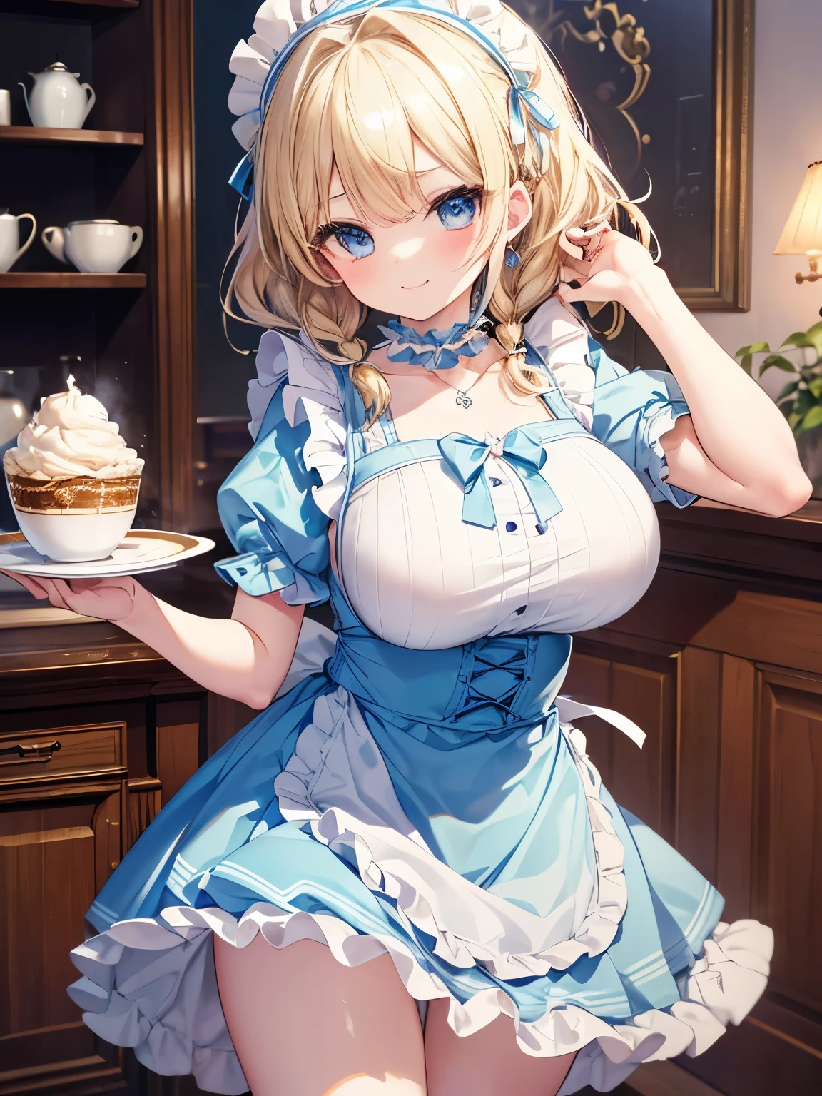 Masterpiece,Best Quality,(Super Detail),Perfect Lighting, Highly detailed CG,Super detailed,(Highly detailed eyes,Very cute face,Highly detailed face:1.3),Beautiful Anime Girl,(Solo Girl),(Super huge boobs:1.2),(Sensual,Glamorous:1.4),(Blonde,Medium Hair,Twin braids,Let your hair hang forward:1.2),(Big light blue eyes),(Very happy smile,Open your mouth wide),break,(Light blue maid outfit,Frill apron,Puff short sleeves,Exposed tummy,Micro Mini Skirt),Maid Headdress,frilled choker,Maid Cufflinks,Pink wallpaper coffee shop,Fancy furniture,Cowboy Shot,Dynamic Pose