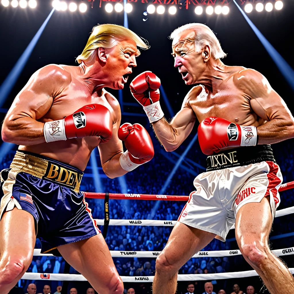 Donald Trump (old but in shape), Joe Biden (spindly, sickly, poopy diapers), boxing match, boxing outfits, intense stare-down, roaring crowd, grand stage, referee in the ring, championship belt, sweat dripping, muscles defined, speed and agility, explosive punches, precision footwork, dramatic lighting, dynamic camera angles, split-second reactions, knockout punches, ringside commentators, anticipation in the air, adrenaline pumping, historic showdown, legacy on the line, epic clash, intense rivalry, determination etched on their faces, resilience and strength, electrifying atmosphere, crowd chanting, triumphant celebration, iconic moment, timeless battle, history in the making, polarizing figures, contrasting personalities, power and ambition, strategic maneuvers, skilled fighters, fierce competition, global audience, legendary status, ultimate test of skill and willpower, (best quality,4k,8k,highres,masterpiece:1.2),ultra-detailed, (realistic,photorealistic,photo-realistic:1.37), boxing painting, vivid colors, dramatic shadows, crisp details, vibrant energy, larger-than-life portrayal, iconic duo, rising tensions, clash of ideologies, symbolic significance.