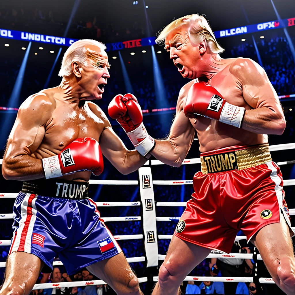 Donald Trump (old but in shape), Joe Biden (spindly, sickly, poopy diapers), boxing match, boxing outfits, intense stare-down, roaring crowd, grand stage, referee in the ring, championship belt, sweat dripping, muscles defined, speed and agility, explosive punches, precision footwork, dramatic lighting, dynamic camera angles, split-second reactions, knockout punches, ringside commentators, anticipation in the air, adrenaline pumping, historic showdown, legacy on the line, epic clash, intense rivalry, determination etched on their faces, resilience and strength, electrifying atmosphere, crowd chanting, triumphant celebration, iconic moment, timeless battle, history in the making, polarizing figures, contrasting personalities, power and ambition, strategic maneuvers, skilled fighters, fierce competition, global audience, legendary status, ultimate test of skill and willpower, (best quality,4k,8k,highres,masterpiece:1.2),ultra-detailed, (realistic,photorealistic,photo-realistic:1.37), boxing painting, vivid colors, dramatic shadows, crisp details, vibrant energy, larger-than-life portrayal, iconic duo, rising tensions, clash of ideologies, symbolic significance.