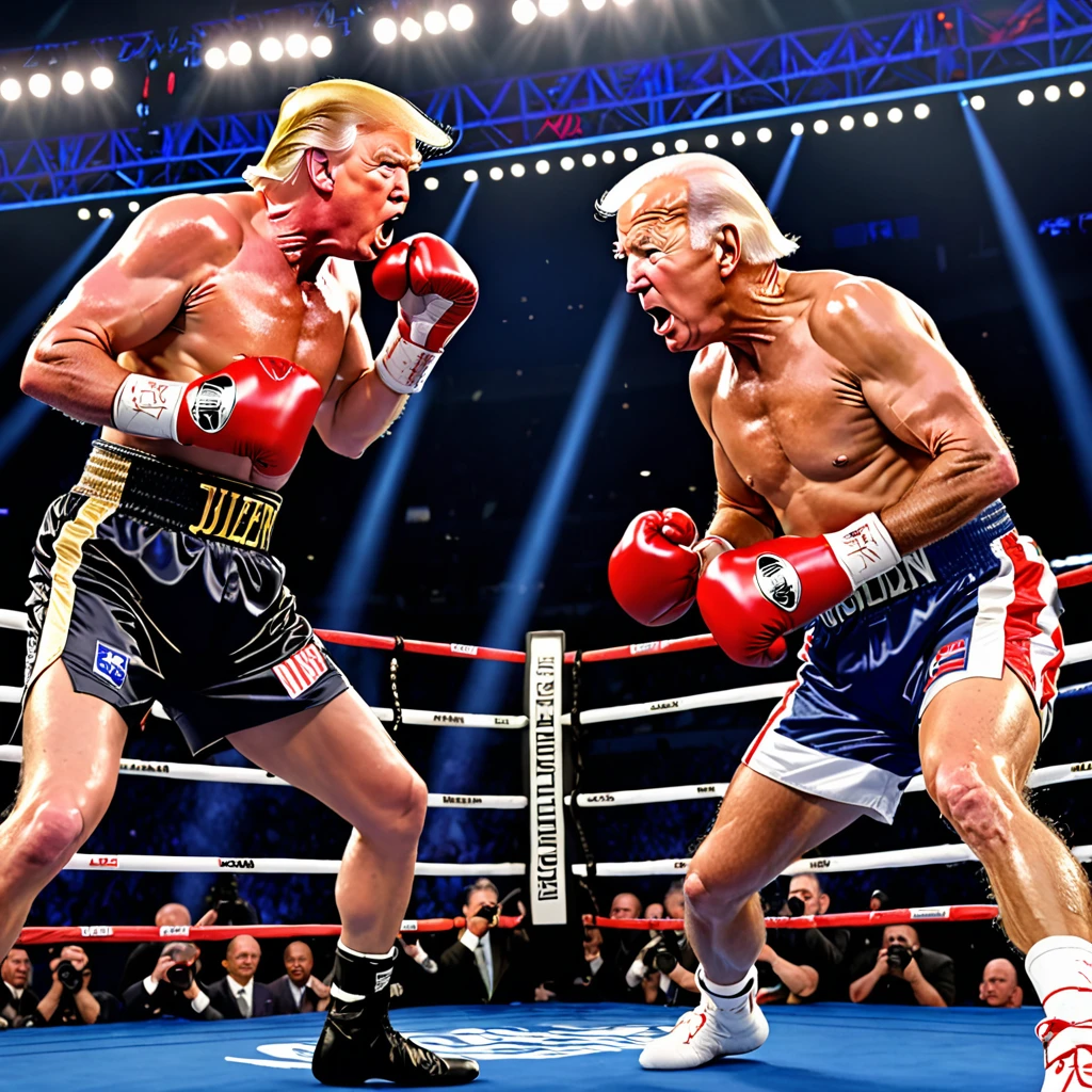 Donald Trump (old but in shape), Joe Biden (spindly, sickly, poopy diapers), boxing match, boxing outfits, intense stare-down, roaring crowd, grand stage, referee in the ring, championship belt, sweat dripping, muscles defined, speed and agility, explosive punches, precision footwork, dramatic lighting, dynamic camera angles, split-second reactions, knockout punches, ringside commentators, anticipation in the air, adrenaline pumping, historic showdown, legacy on the line, epic clash, intense rivalry, determination etched on their faces, resilience and strength, electrifying atmosphere, crowd chanting, triumphant celebration, iconic moment, timeless battle, history in the making, polarizing figures, contrasting personalities, power and ambition, strategic maneuvers, skilled fighters, fierce competition, global audience, legendary status, ultimate test of skill and willpower, (best quality,4k,8k,highres,masterpiece:1.2),ultra-detailed, (realistic,photorealistic,photo-realistic:1.37), boxing painting, vivid colors, dramatic shadows, crisp details, vibrant energy, larger-than-life portrayal, iconic duo, rising tensions, clash of ideologies, symbolic significance.