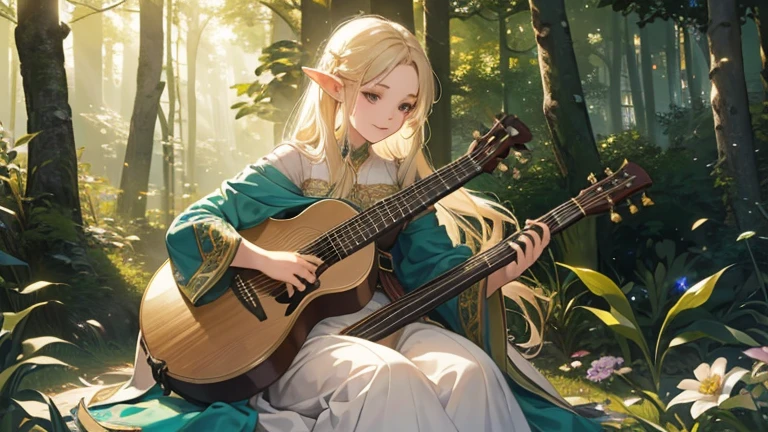 One girl, alone, Playing a musical instrument, lute, Elf, 8k wallpaper, Super detailed, beautifully, masterpiece, highest quality, Realistic, Fairy, Light Theme, Bright Forest, dress,Botanical, Natural light, She has a serious look and a slight smile, birdie,