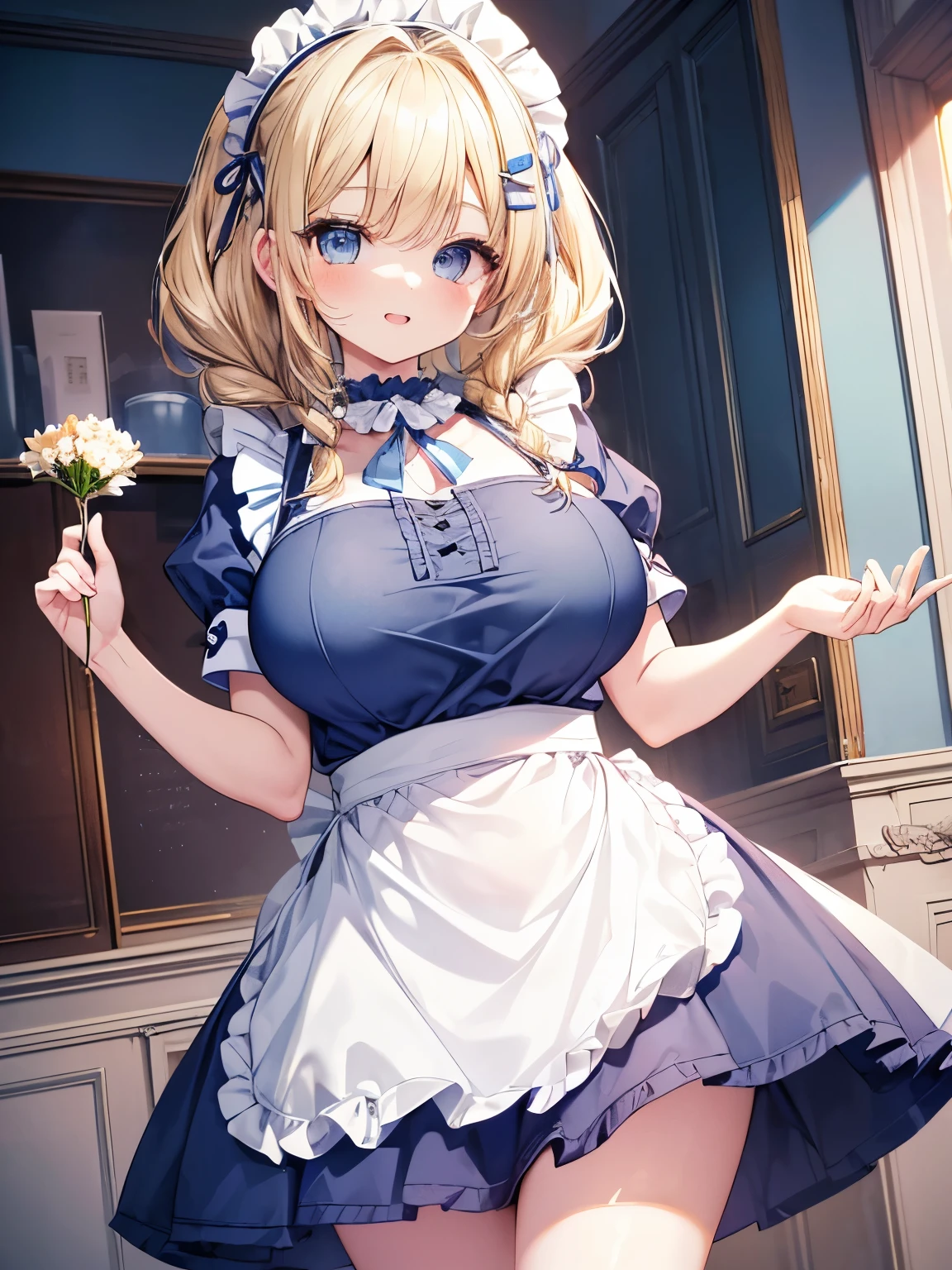 Masterpiece,Best Quality,(Super Detail),Perfect Lighting, Highly detailed CG,Super detailed,(Highly detailed eyes,Very cute face,Highly detailed face:1.3),Beautiful Anime Girl,(Solo Girl),(Super huge boobs:1.2),(Sensual,Glamorous:1.4),(Blonde,Medium Hair,Twin braids,Let your hair hang forward:1.2),(Big light blue eyes),(Very happy smile,Open your mouth wide),break,(Light blue maid outfit,Frill apron,Puff short sleeves,Exposed tummy,Micro Mini Skirt),Maid Headdress,frilled choker,Maid Cufflinks,Pink wallpaper coffee shop,Fancy furniture,Cowboy Shot,Dynamic Pose