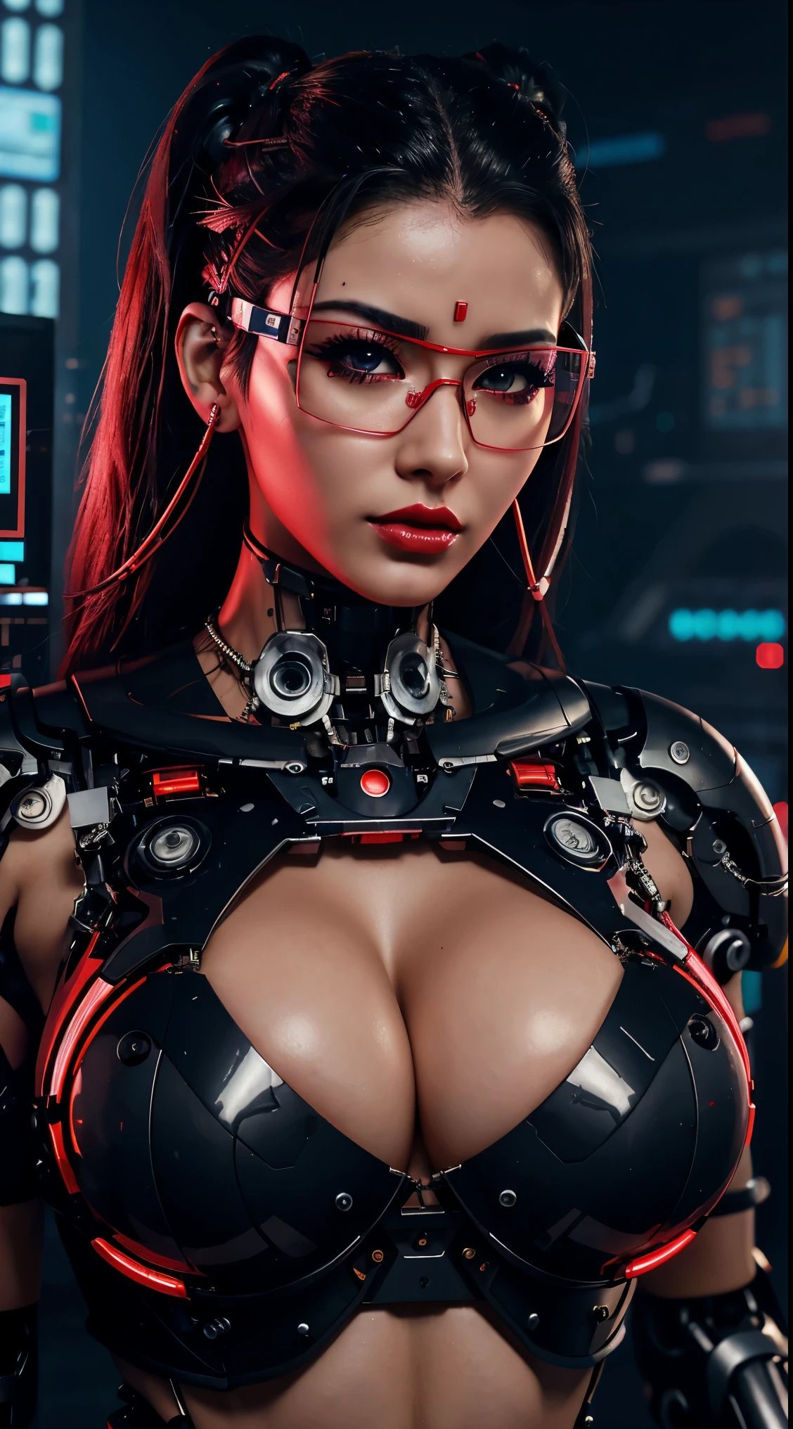 cyberpunk anime style, mulher robot prateada de 25 anos {bimbostyle, big tits, corpo voluptuoso, red lips, mechanical parts com detalhes dourados}, cybernetic glasses, aspecto sexy, in a futuristic laboratory, close up