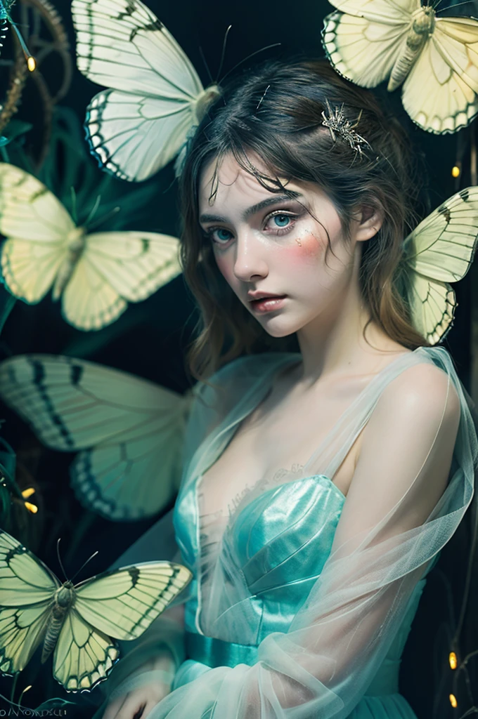 ( masterpiece, top quality, best quality,8k, girl,ultra detailed,raw photo:1.5),(photorealistic:1.4),(cinematic lighting), PerfectNwsjMajic, , Surrealism, UHD, ccurate, Super detail, textured skin, High detail, Best quality, dynamic angle, (high nose,White skin),[Beautiful blue eyes],[flat chest:large breasts:0.5],(1girl),(good anatomy:0.5)),with white butterfly wings and fluffy butterfly eyes and characters around flying in a chaotic universe and neon lights, Dreamy atmosphere,mystical ambiance, Artistic interpretation, a whimsical illustration, Subtle colors and tones, mystical aura,(portrait:1.5)
