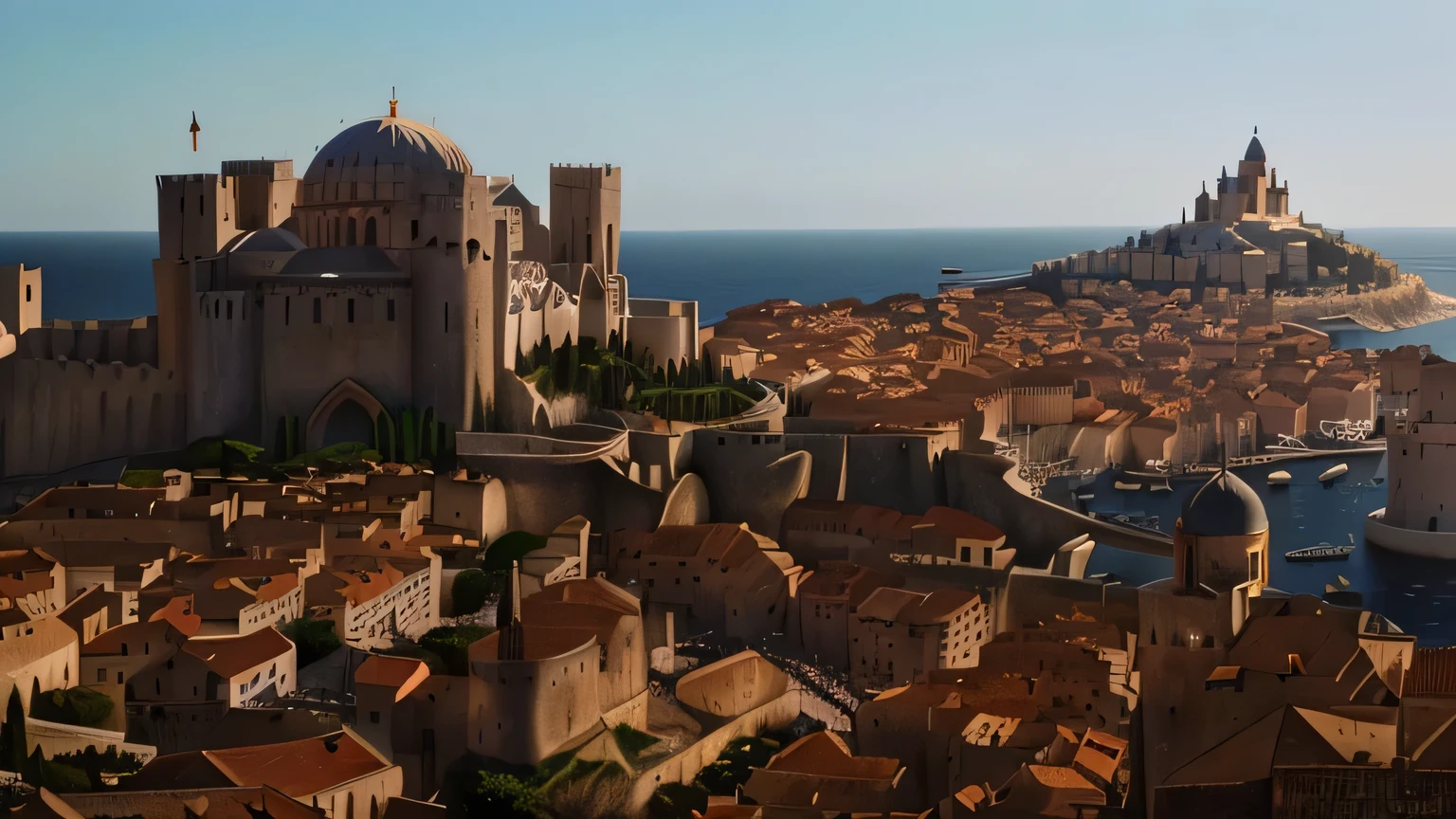 arafed view of a city with a castle and a body of water, kingslanding, dorne, mediterranean city, dubrovnik, from of thrones, a medieval city, naboo, renaissance port city background, shot from game of thrones, minas tirith in the background, italian mediterranean city, medieval city, medieval city background, entire city in view