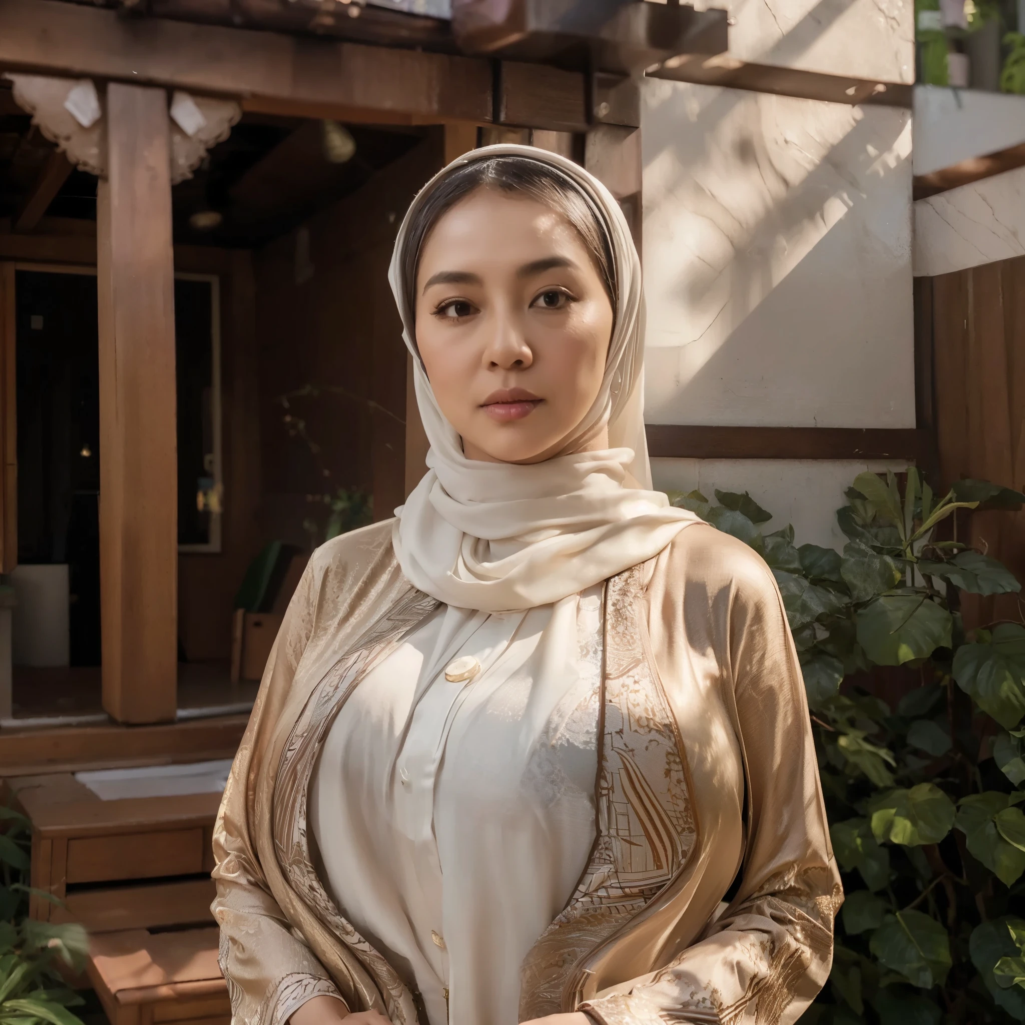 50 years Old, Hijab Indonesian mature woman, Big Tits : 66.9, Gamis, Breast out from her clothes : 1.9, at doctor office, Dark light, at Nighttime