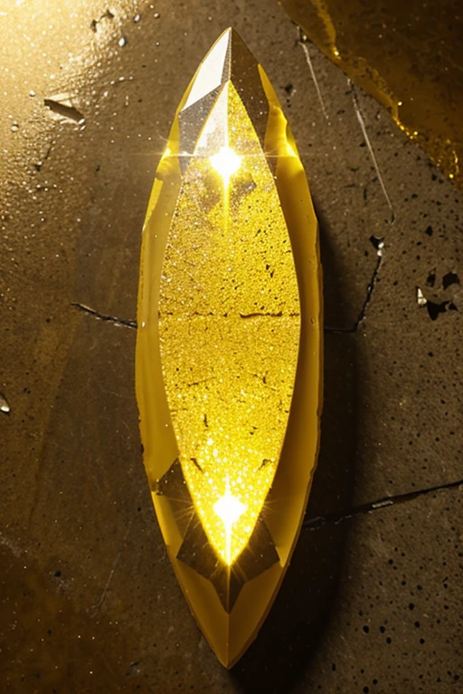 Yellow shiny abstract stone. Stone with yellow aura. Yellow crystal with yellow electric aura. In leather background.