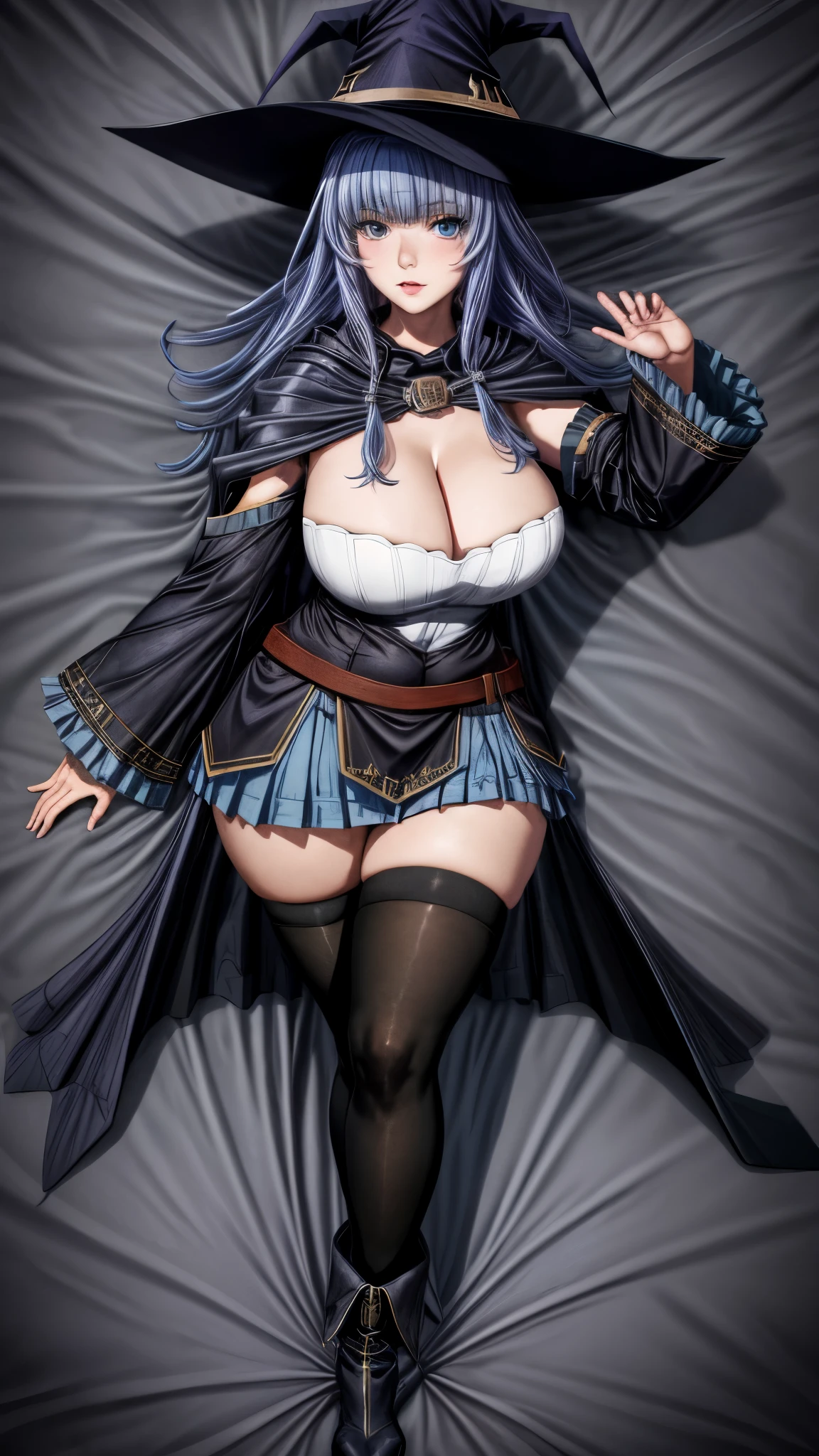 masterpiece, best quality, highres, 1girl, witch hat cape blue skirt black thighhighs boots detached sleeves wide sleeves lying on back, arms up, bed sheet, large breasts, thick thighs, curvy hips
