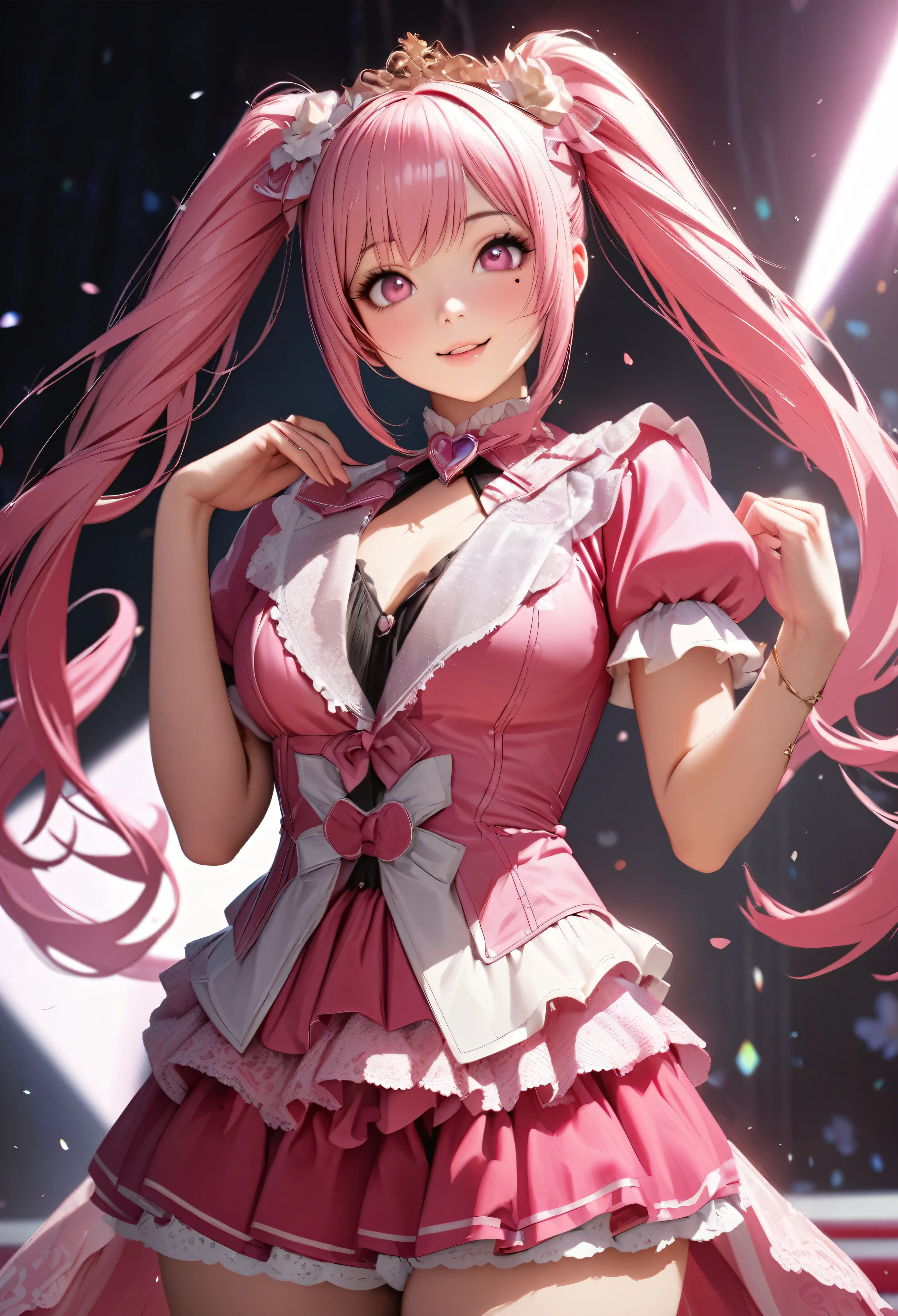 One Girl、Looking at the audience、
Beautiful pink eyes、Long pink twin-tail hair、,Mole under the eye、Plump and glossy lips、Heart-shaped choca、Idol、Her name is Rico,smile、ー、。.。.。.。.。.。.。.。.。.。.。.。.。.。.。.。.。.。.3D、Realistic、
IDOL costumes、Short skirt,Drape clothes、gem、The decoration has been removed、Floral、Lace trim,On a glittering stage、
masterpiece、highest quality、8k、Detailed skin texture、Detailed cloth texture、Beautifully detailed face、Intricate details、Very detailed、
超A high resolution、8k Ultra HD、Film Grain、Best Shadow、delicate、Gazing at the audience、front